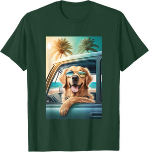 Golden Retriever Sunglasses Beach Palm Trees Car Summer Men Women Kids T-Shirt - T-Shirt | Forest