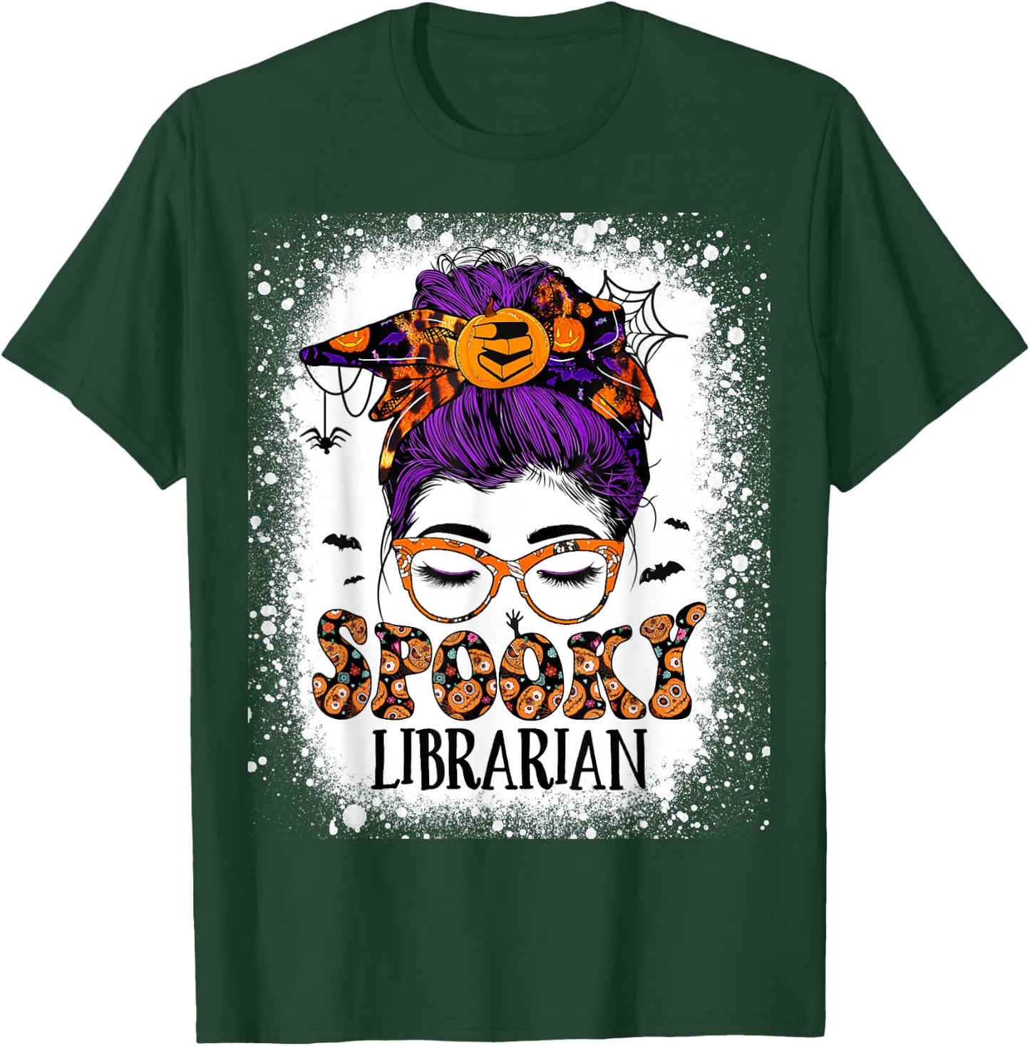 Spooky Librarian Teacher Halloween Messy Bun Book Library T-Shirt - T-Shirt | Forest