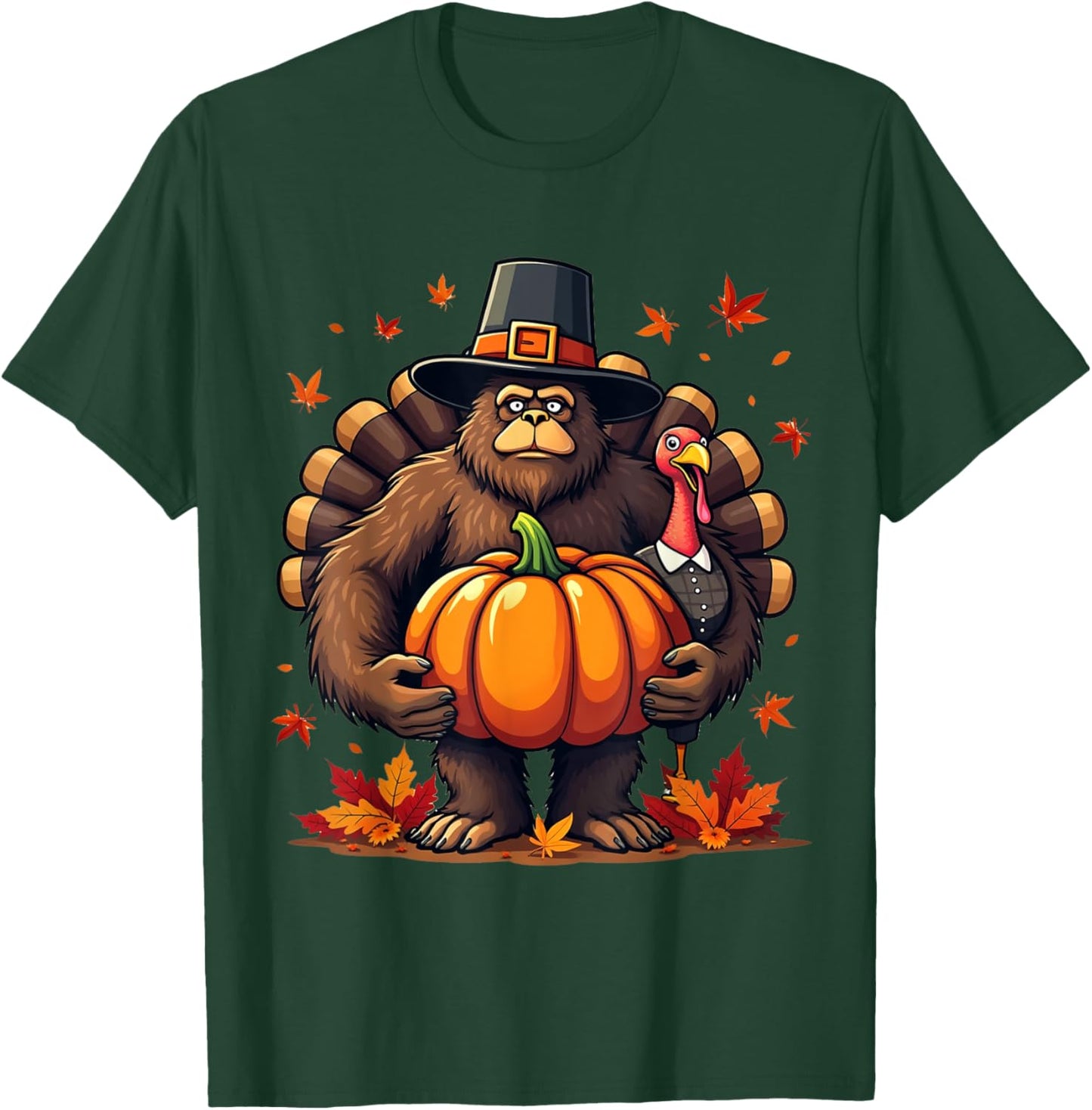 Bigfoot Pilgrim Thanksgiving with Pumpkin and Turkey T-Shirt - T-Shirt | Forest