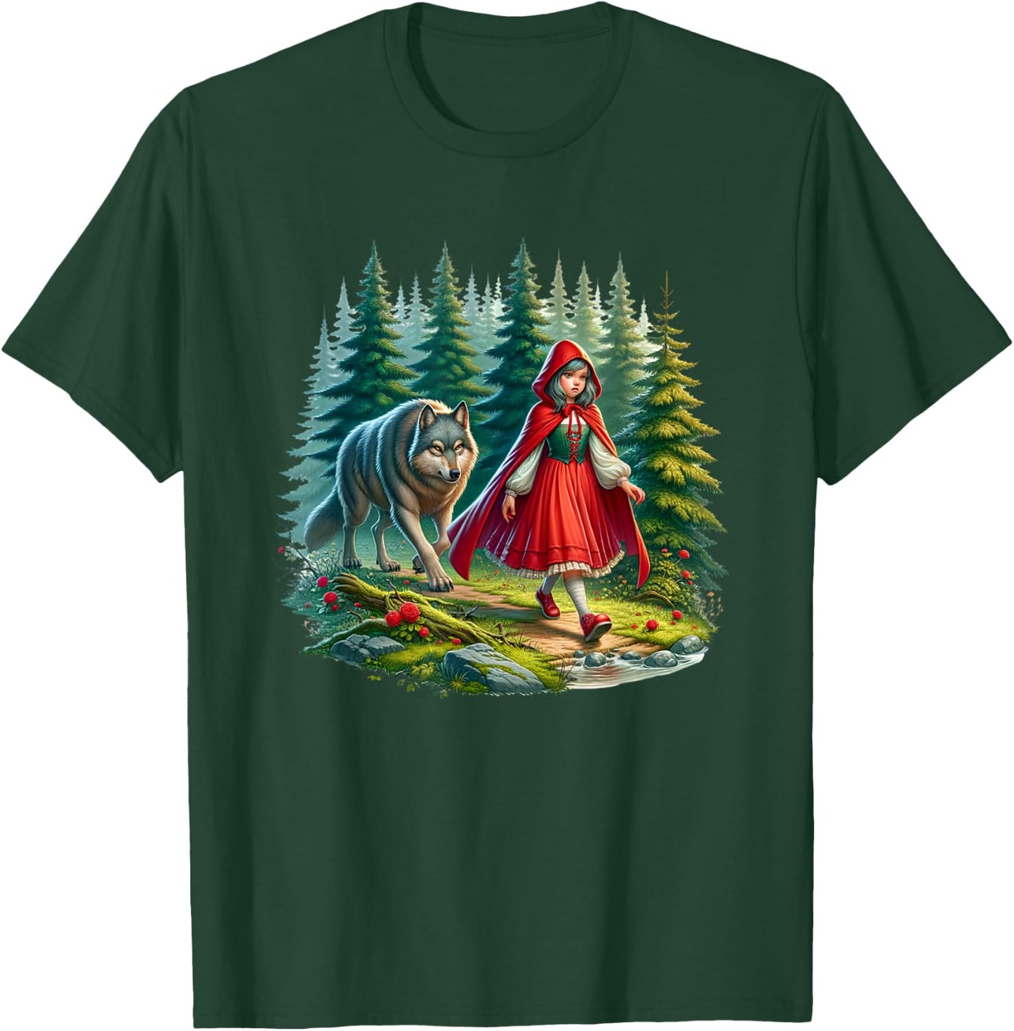Little Red Riding Hood Stalked by Wolf Halloween Costume T-Shirt - T-Shirt | Forest