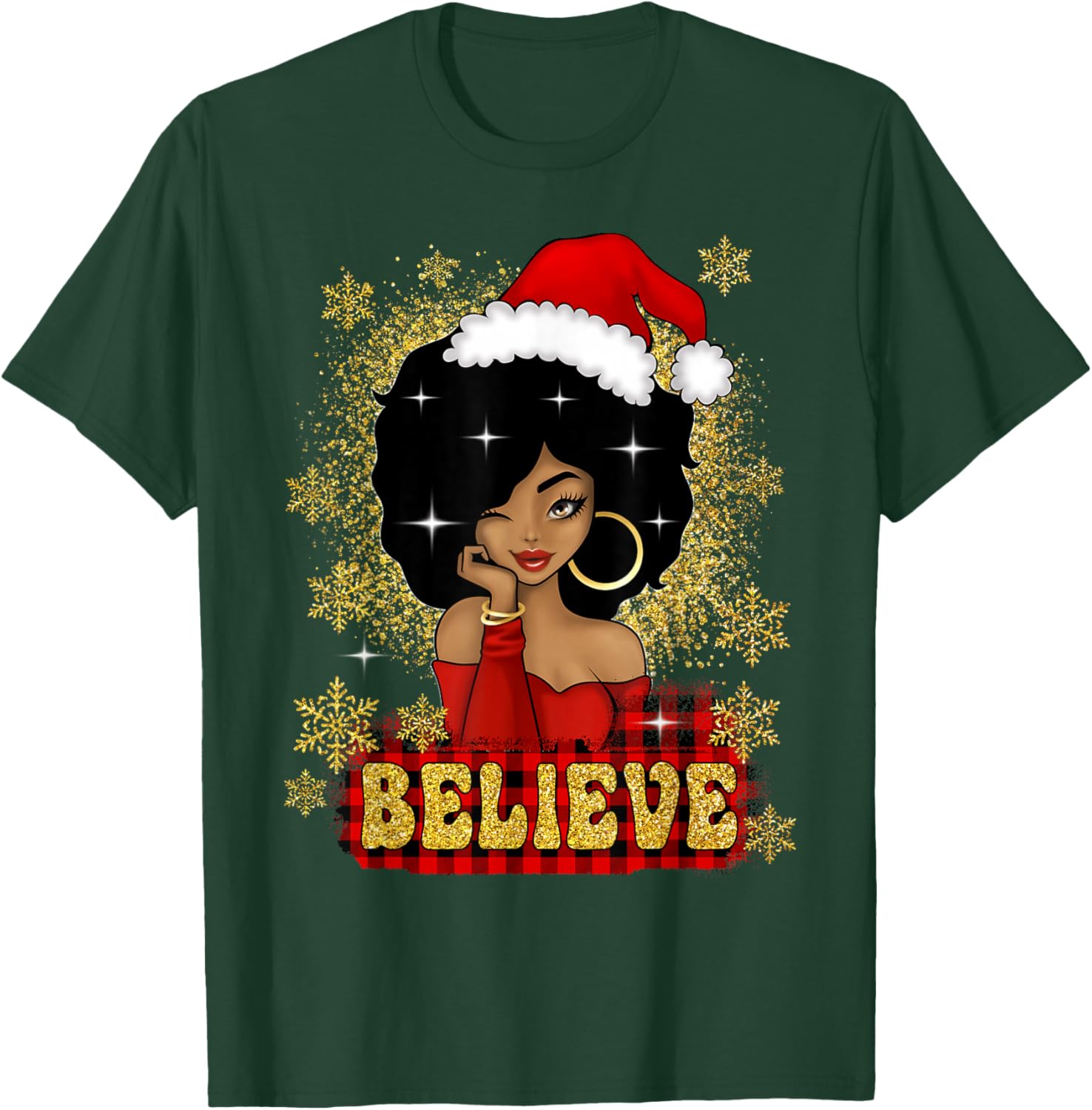 Christmas Believe Santa African American Black Woman T-Shirt - T-Shirt | Forest
