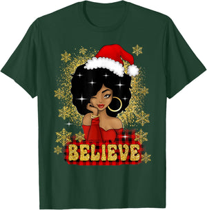 Christmas Believe Santa African American Black Woman T-Shirt - T-Shirt | Forest