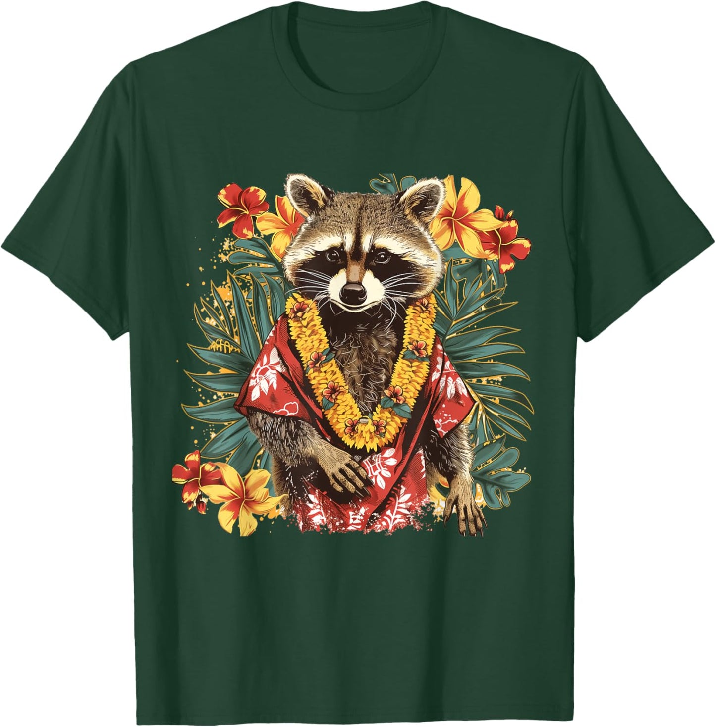 Hawaiian Hibiscus Flowers Hawaiian Raccoon T-Shirt - T-Shirt | Forest
