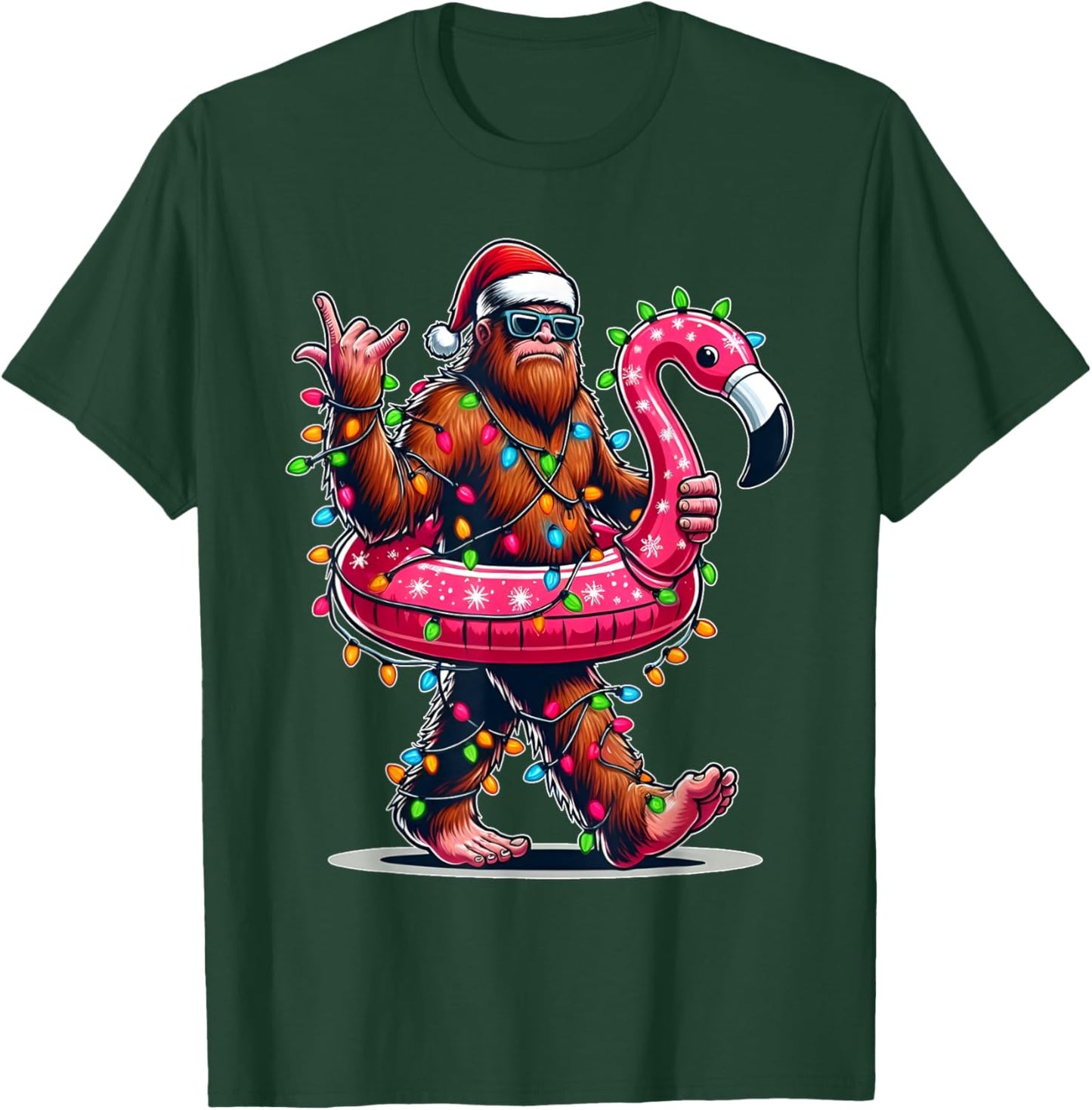 Santa Bigfoot Flamingo Christmas Light Funny Rock Sasquatch T-Shirt - T-Shirt | Forest
