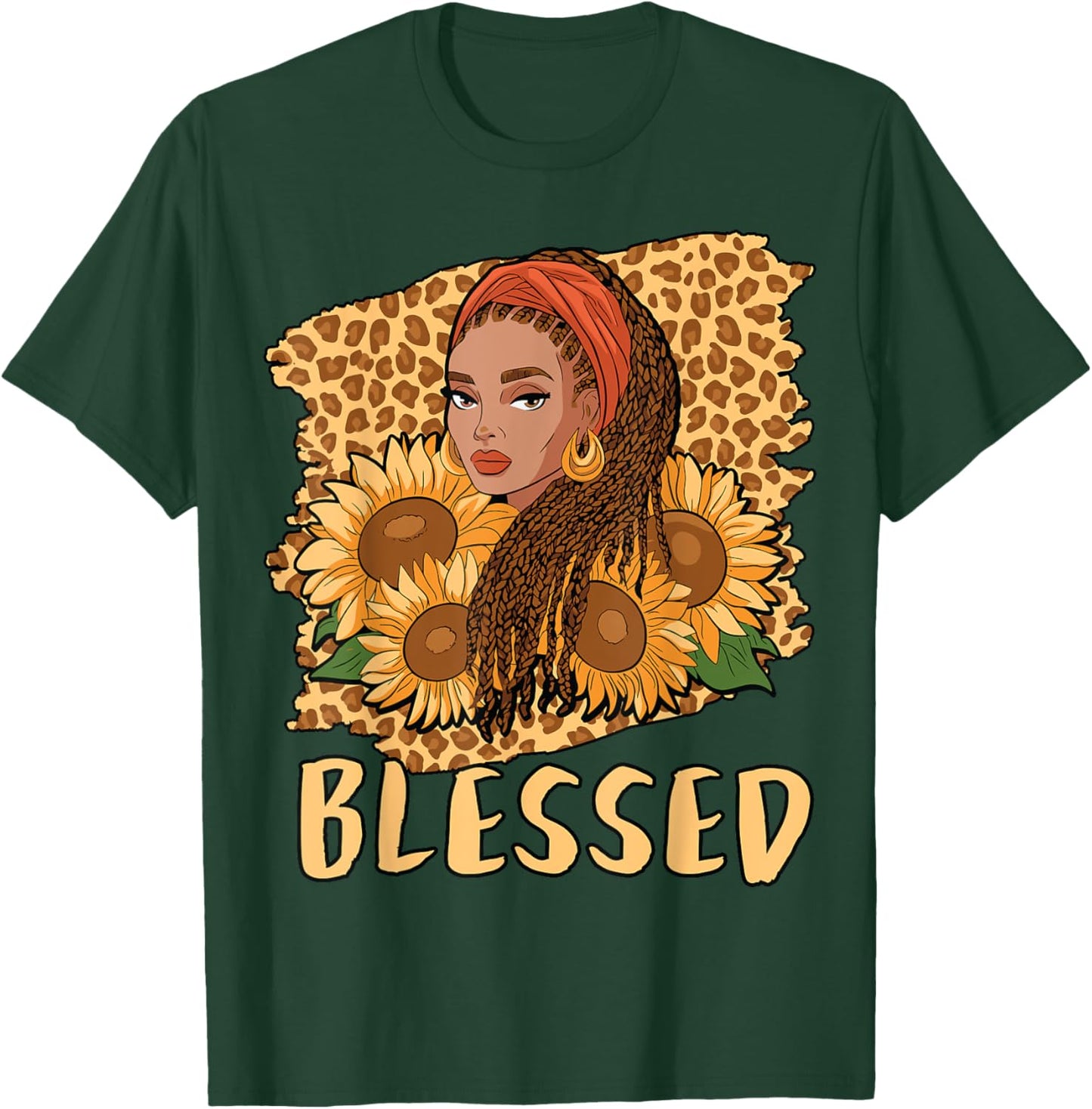 Blessed Black Queen Locs Leopard Sunflower God History Pride T-Shirt - T-Shirt | Forest