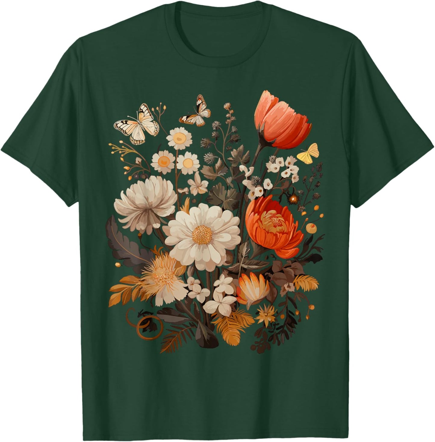 Vintage Pressed Flowers Butterflies Floral Boho Wildflowers T-Shirt - T-Shirt | Forest