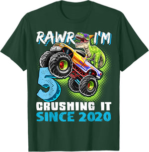 5th Birthday Monster Truck Dinosaur Party Boys Rawr I'm 5 T-Shirt - T-Shirt | Forest