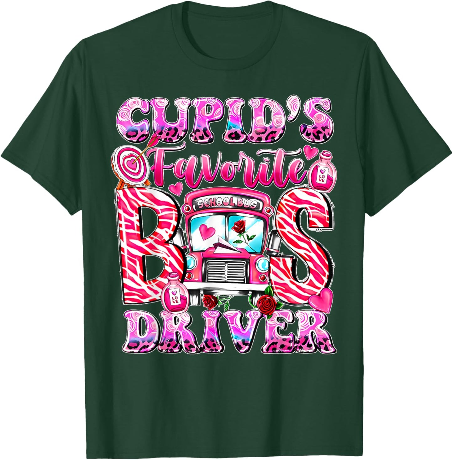 Groovy Cupid's Favorite School Bus Driver Valentine's Day T-Shirt - T-Shirt | Forest