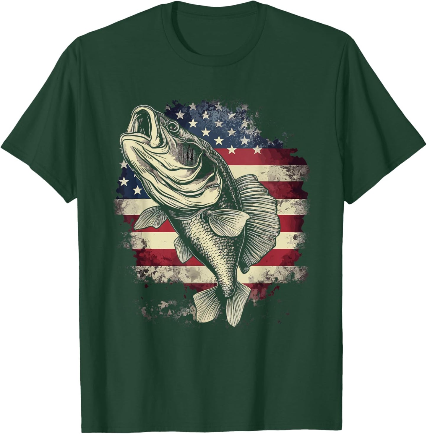 Patriotic Fishing 4th of July Men American Flag Bass Fishing T-Shirt - T-Shirt | Forest