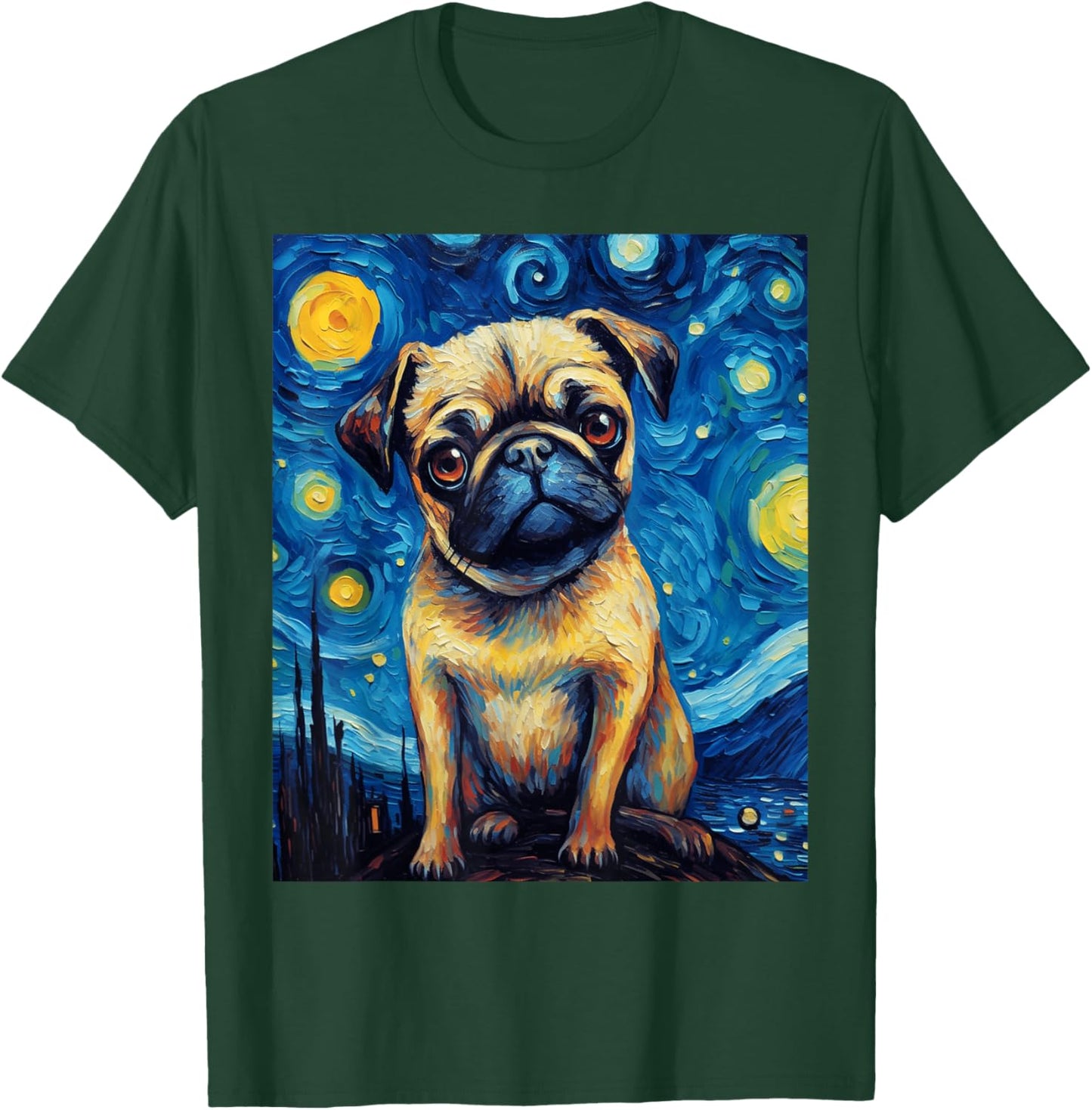 Starry Night Pug Dog Van Gogh Sky Painting Art Pug Lovers T-Shirt - T-Shirt | Forest