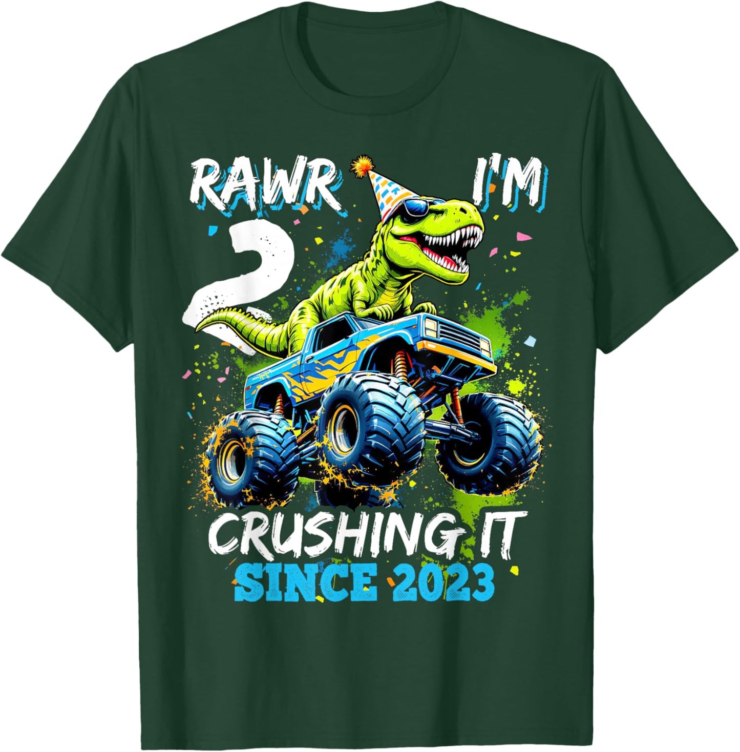 2nd Birthday Monster Truck Dinosaur Party Boys Rawr I'm 2 T-Shirt - T-Shirt | Forest