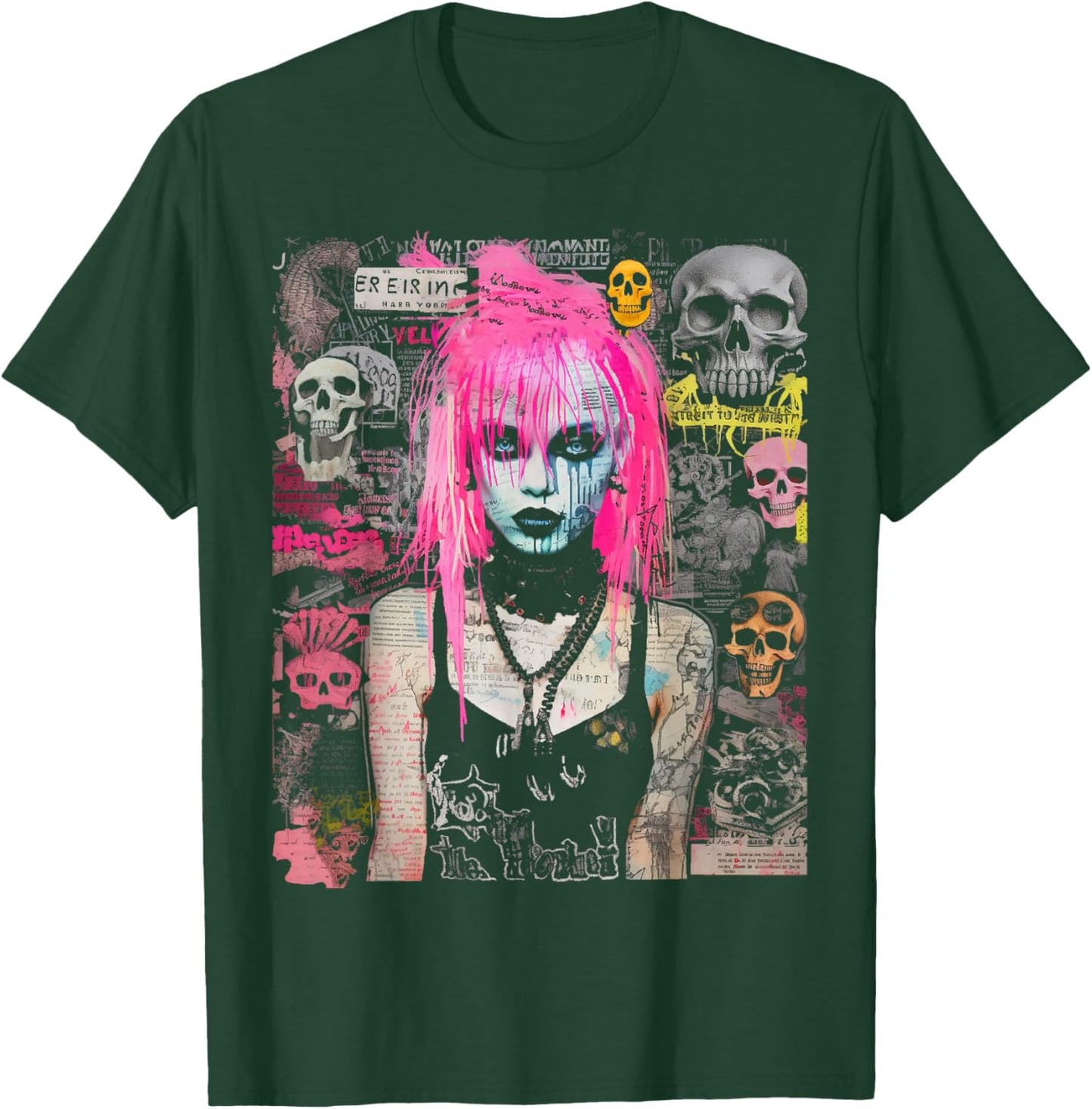 Pink Hair Punk Goth Witch With Skull Collage Background T-Shirt - T-Shirt | Forest