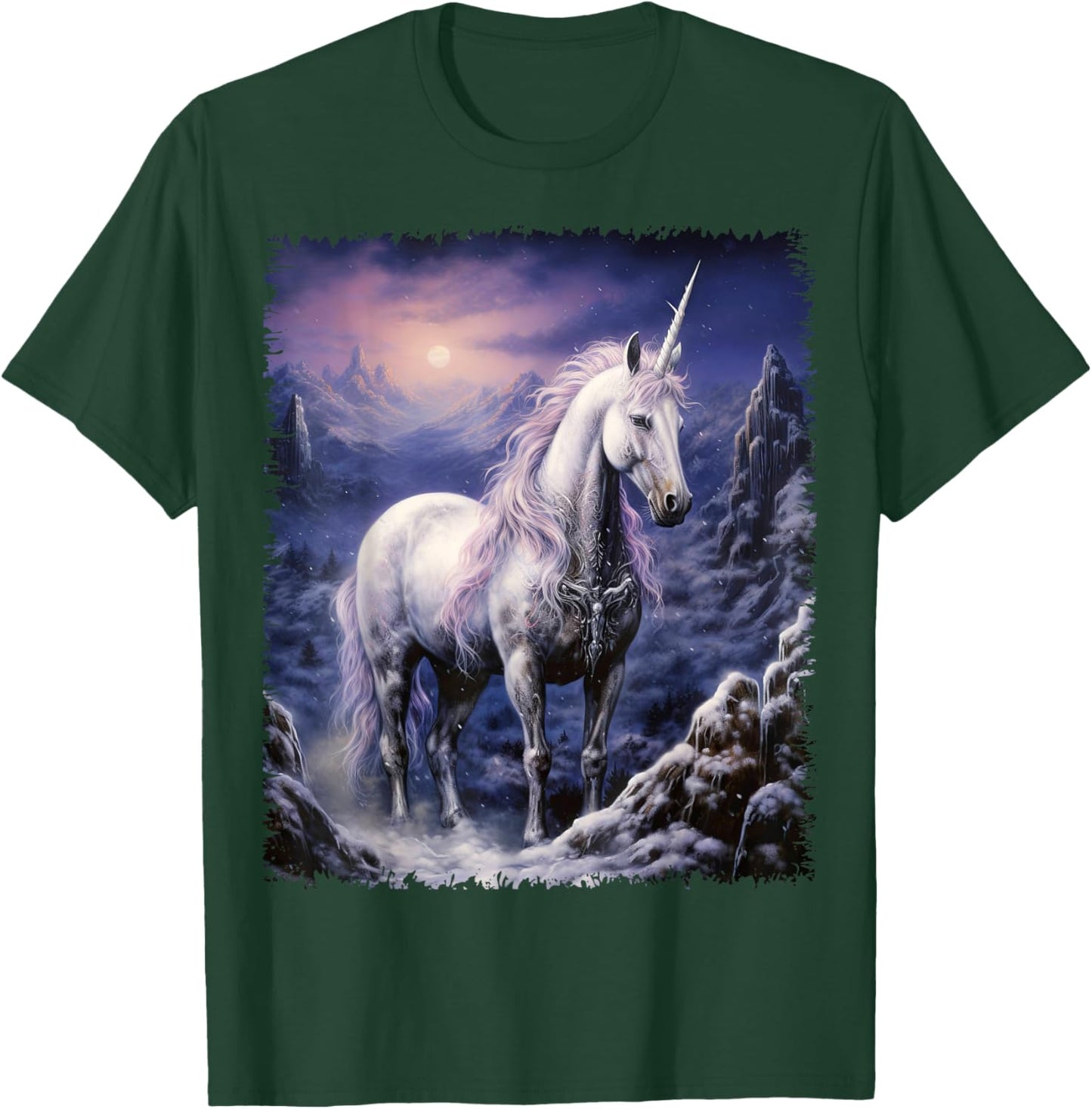 Fantasy white Unicorn standing in the snowy forest T-Shirt - T-Shirt | Forest