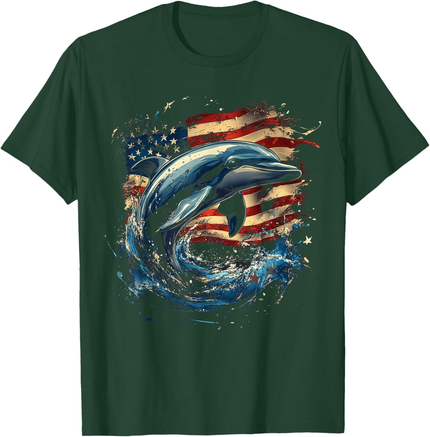 Patriotic Dolphin with American Flag Design T-Shirt - T-Shirt | Forest