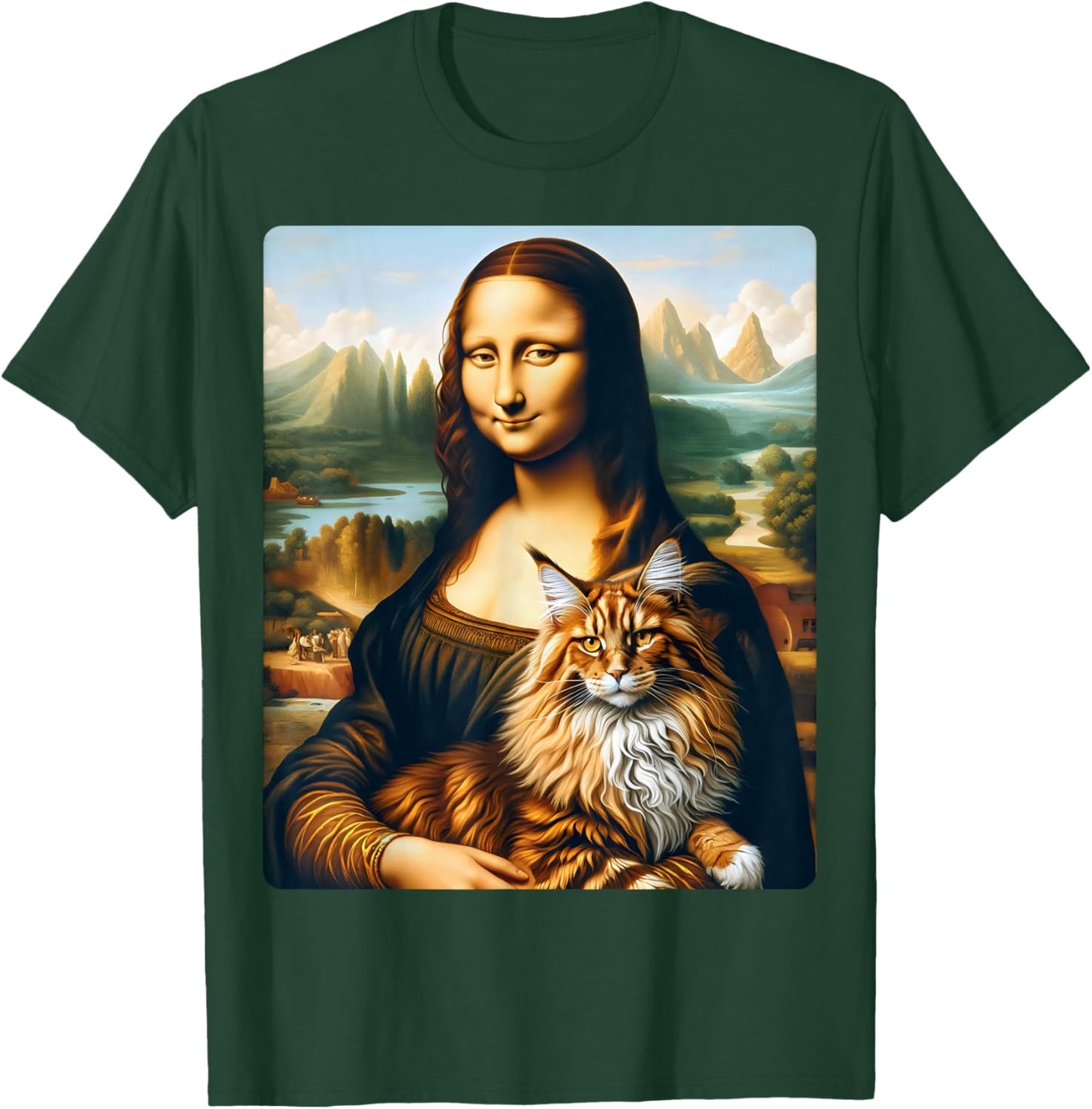 Mona Lisa's Feline Companion: Maine Coon Cat Artwork Women Kids T-Shirt - T-Shirt | Forest