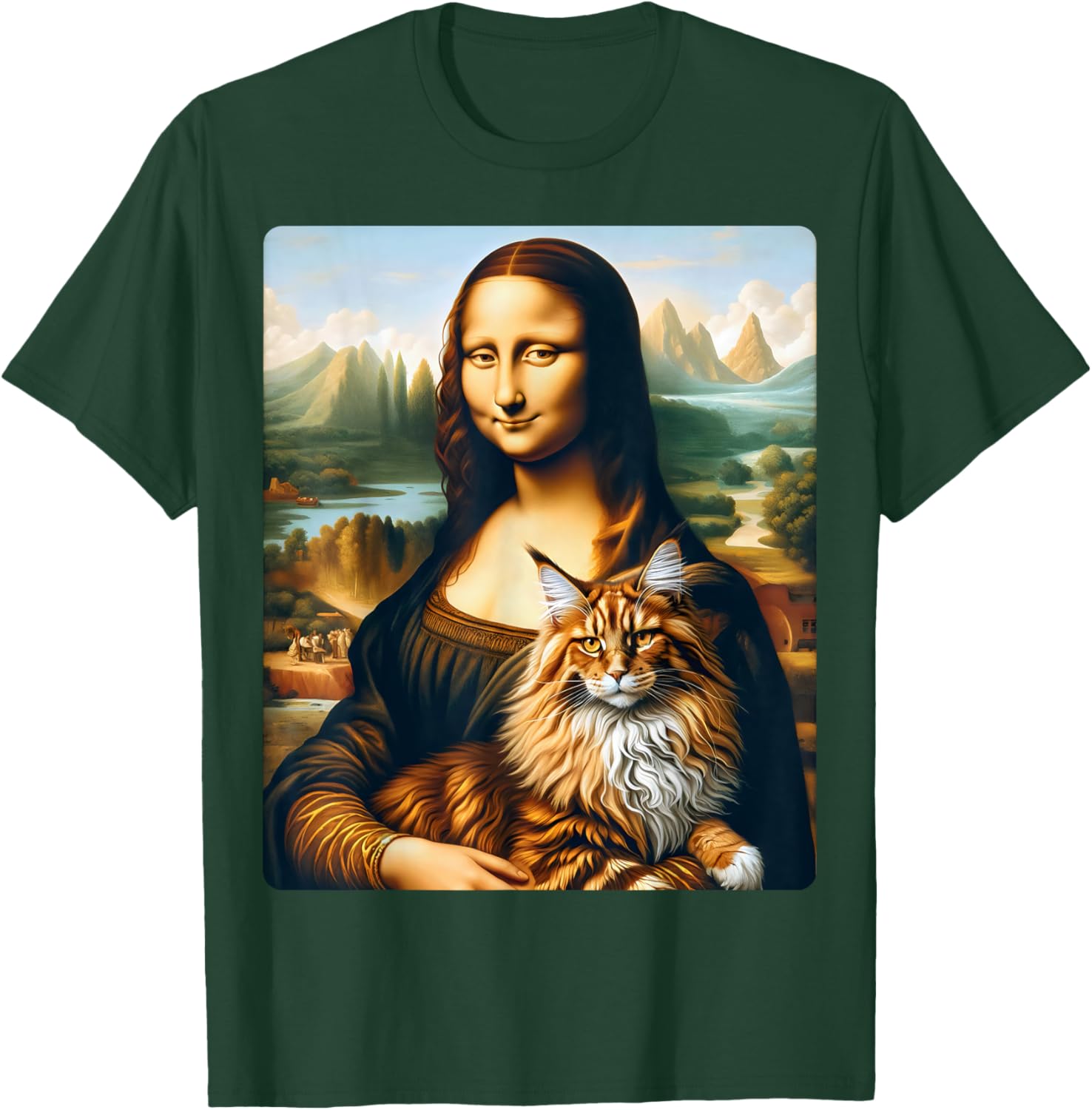 Mona Lisa's Feline Companion: Maine Coon Cat Artwork Women Kids T-Shirt - T-Shirt | Forest