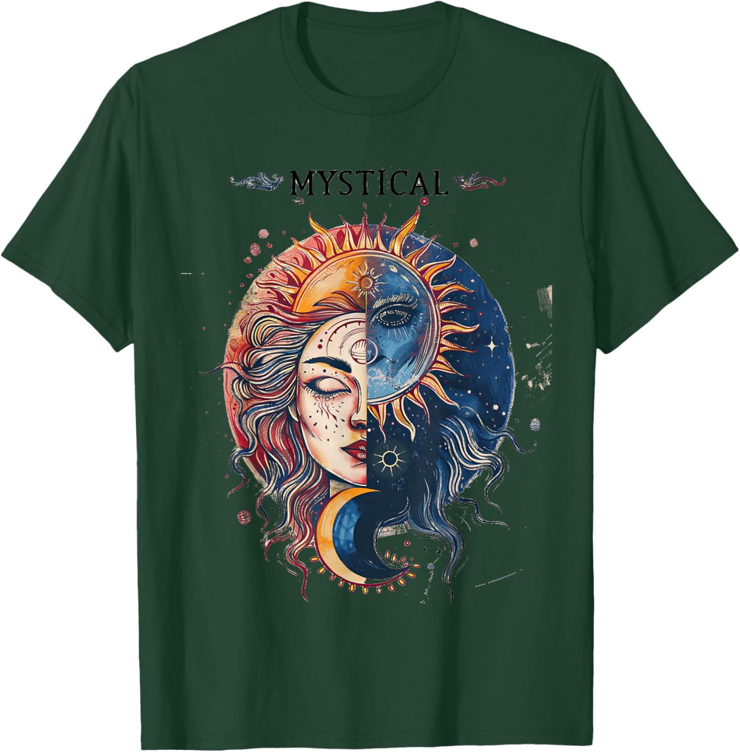 Mystical Sun and Moon Woman Mystic Flowers Aesthetic T-Shirt - T-Shirt | Forest