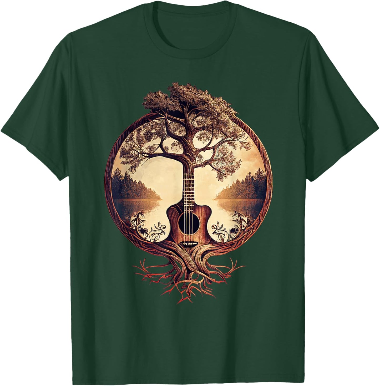 Acoustic Guitar Tree by The Lake Guitarist Small T-Shirt - T-Shirt | Forest