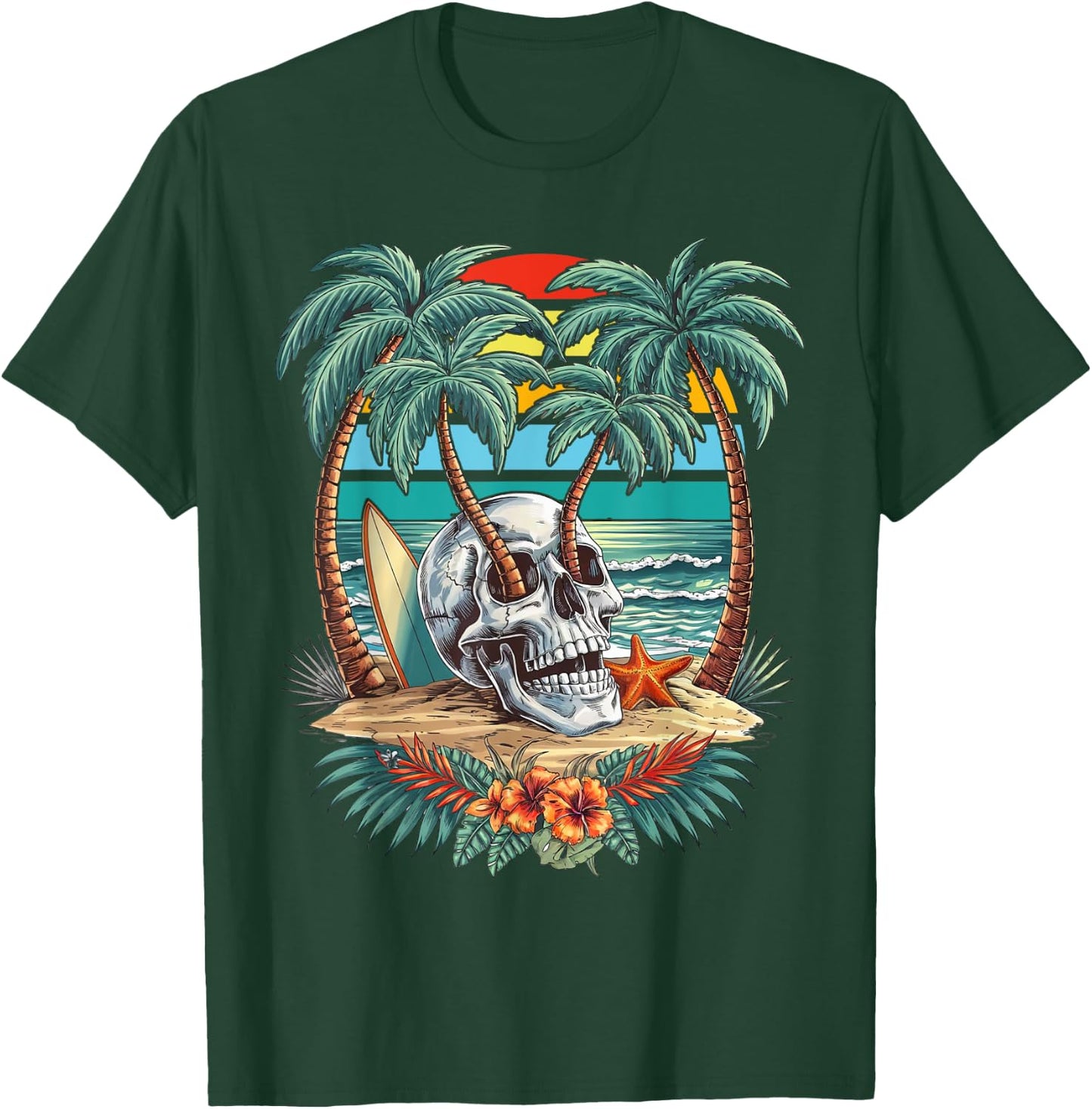Vintage Palm Tree Skull Summer Beach Men Motorcycle Tattoo T-Shirt - T-Shirt | Forest