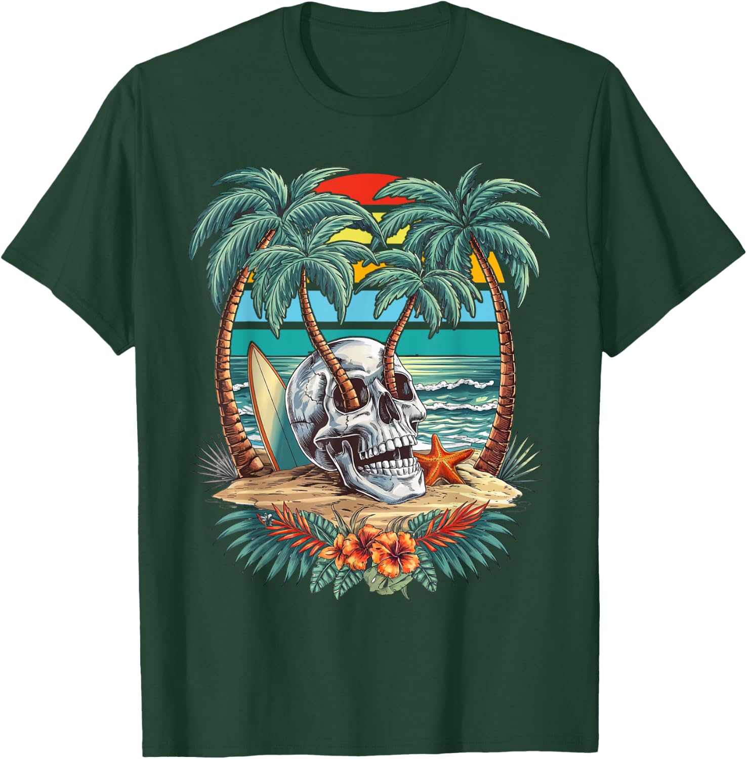 Vintage Palm Tree Skull Summer Beach Men Motorcycle Tattoo T-Shirt - T-Shirt | Forest