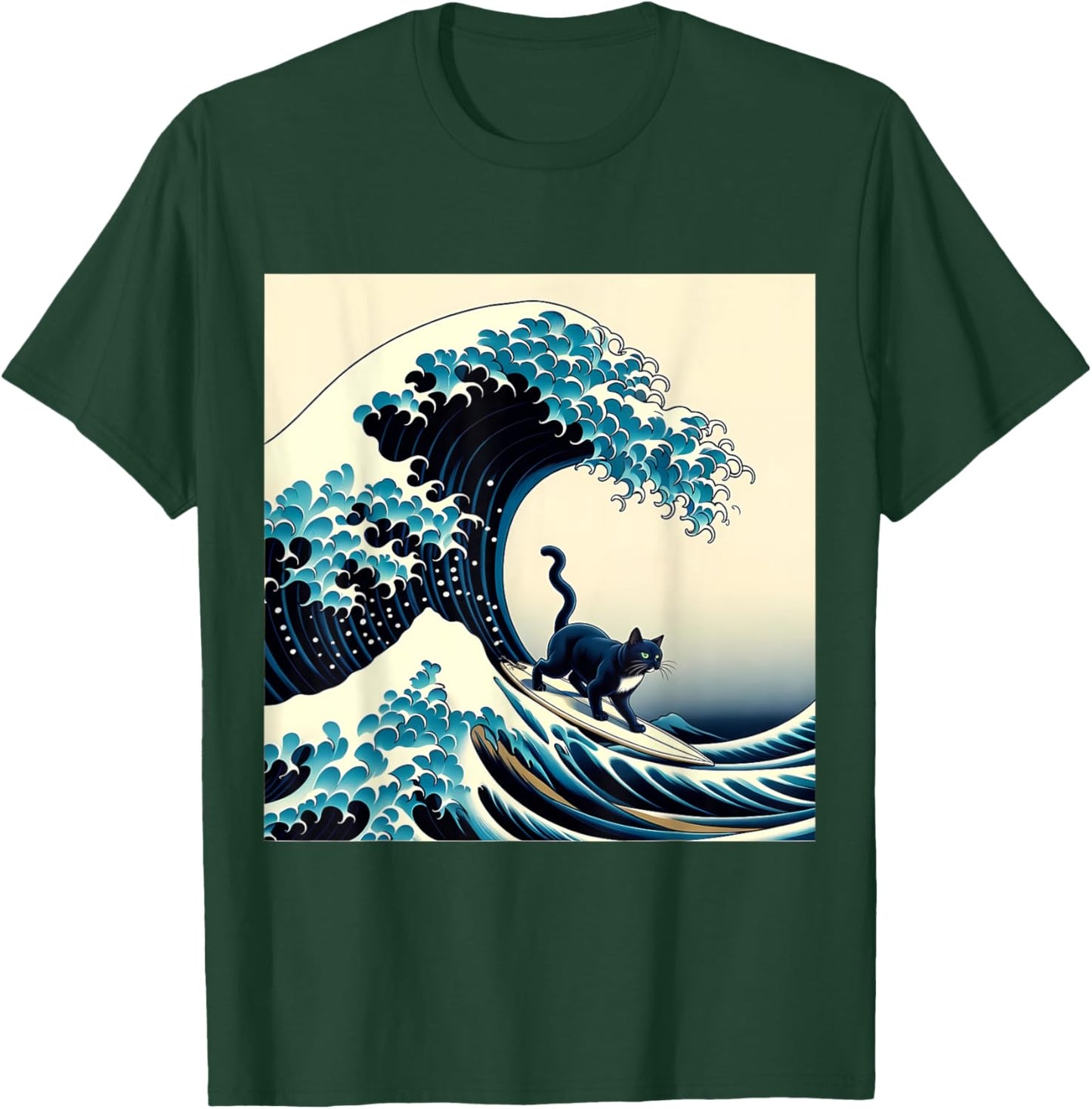 Black Cat With Surf Surfing The Great Wave Men Women Kids T-Shirt - T-Shirt | Forest