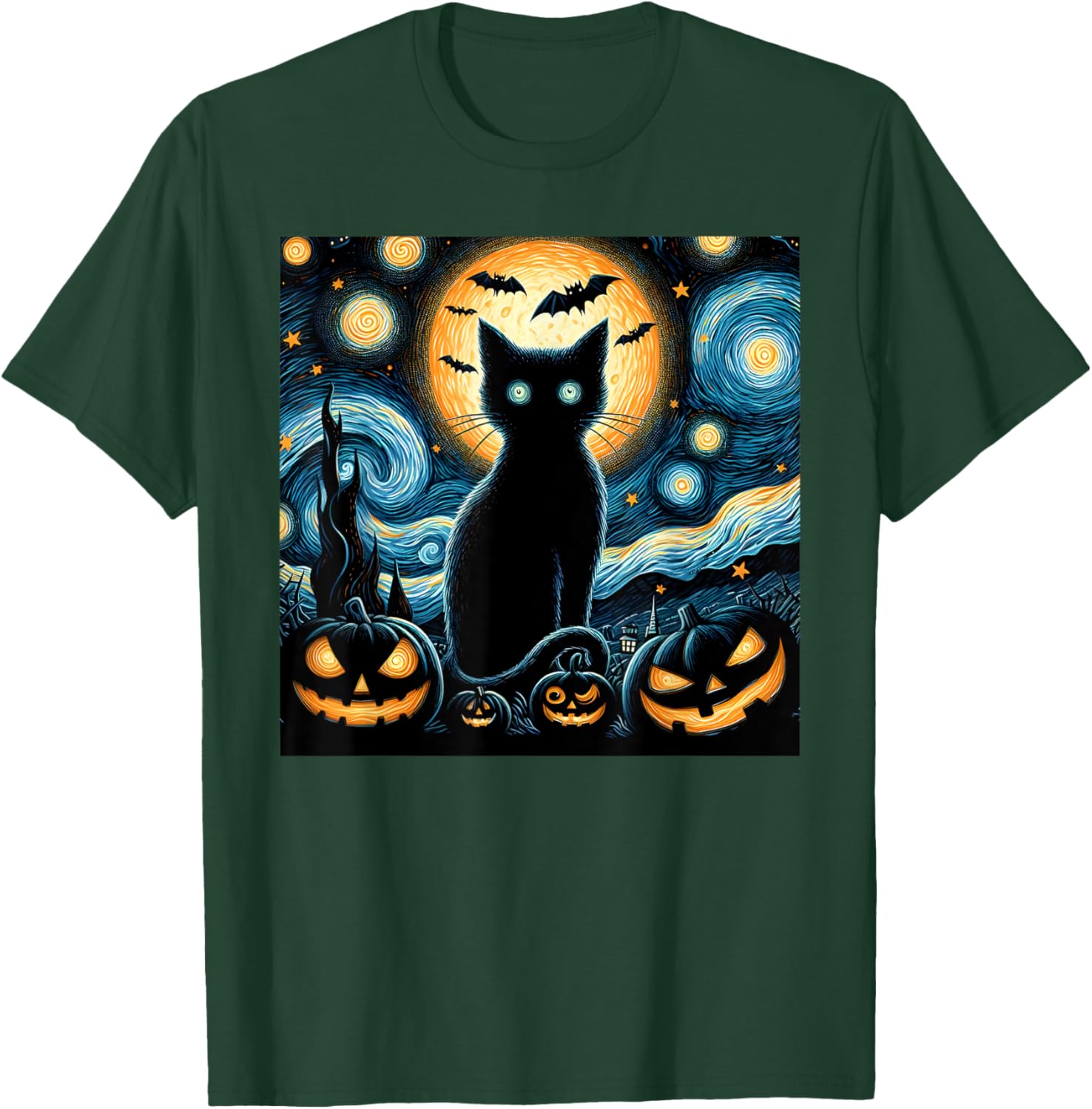 Halloween Starry Night Black Cat Van Gogh Halloween Cat Women Kids T-Shirt - T-Shirt | Forest