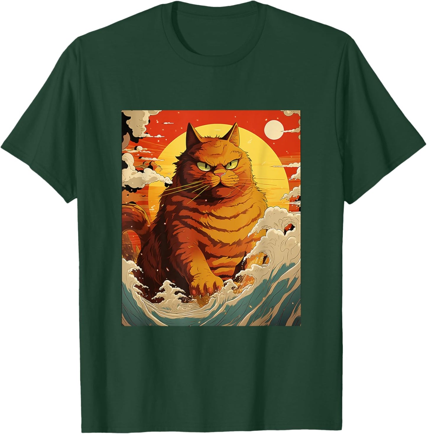 Catzilla Vintage Funny Cute Cat Art Japanese Sunset Waves Women T-Shirt - T-Shirt | Forest