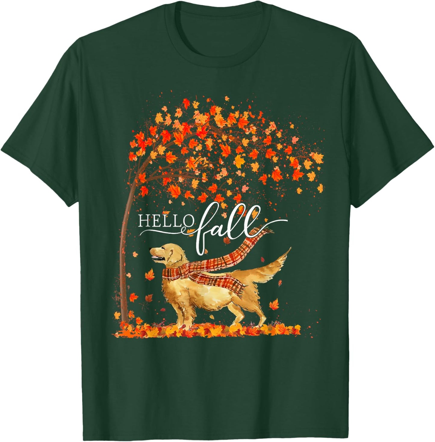 Hello Fall Tree Thanksgiving Dog Lover Golden Retriever Women T-Shirt - T-Shirt | Forest