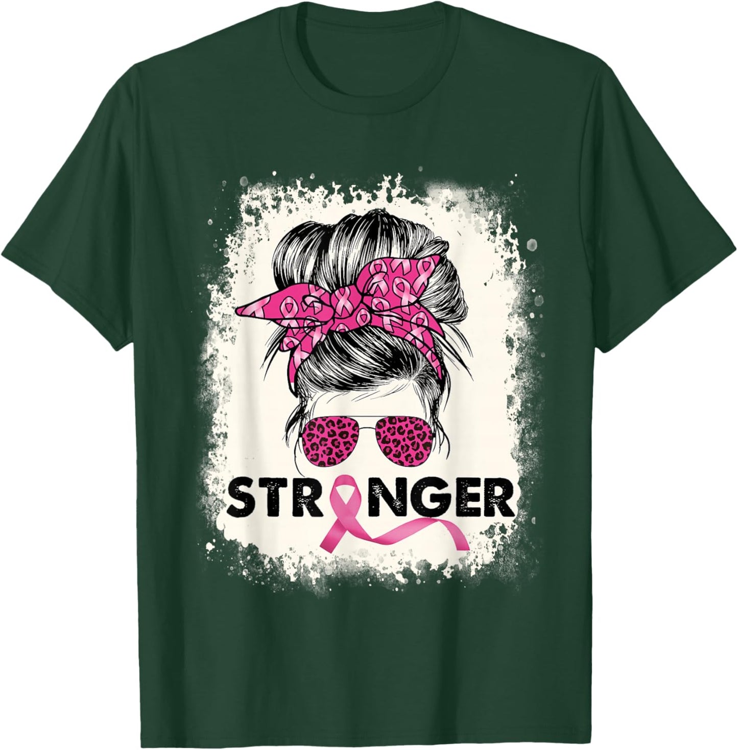 Stronger Messy Bun Breast Cancer Awareness Pink Warrior T-Shirt - T-Shirt | Forest
