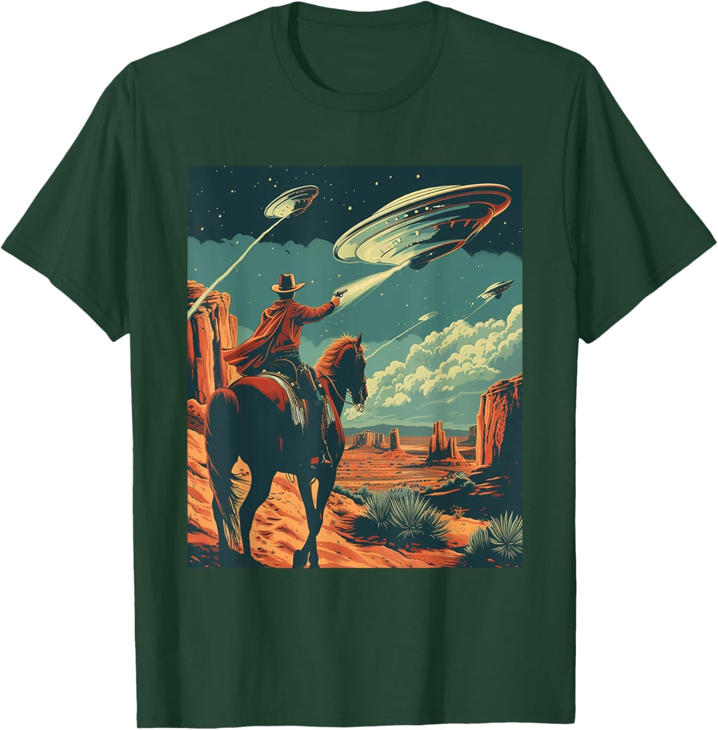 Retro Desert Cowboy Riding Horse Shooting At Space UFO Art T-Shirt - T-Shirt | Forest