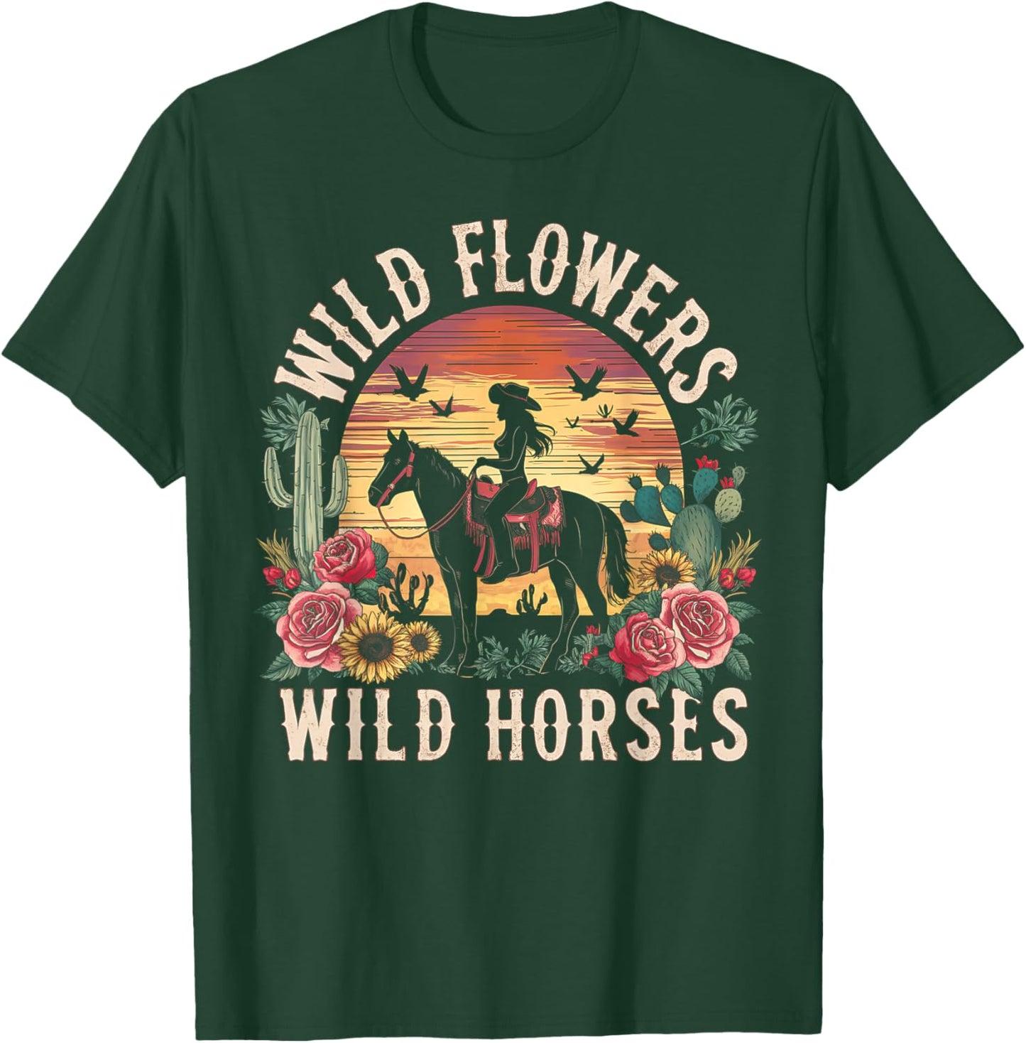 Retro Southern Sunset Cowgirl Wild Flowers Wild Horses T-Shirt - T-Shirt | Forest