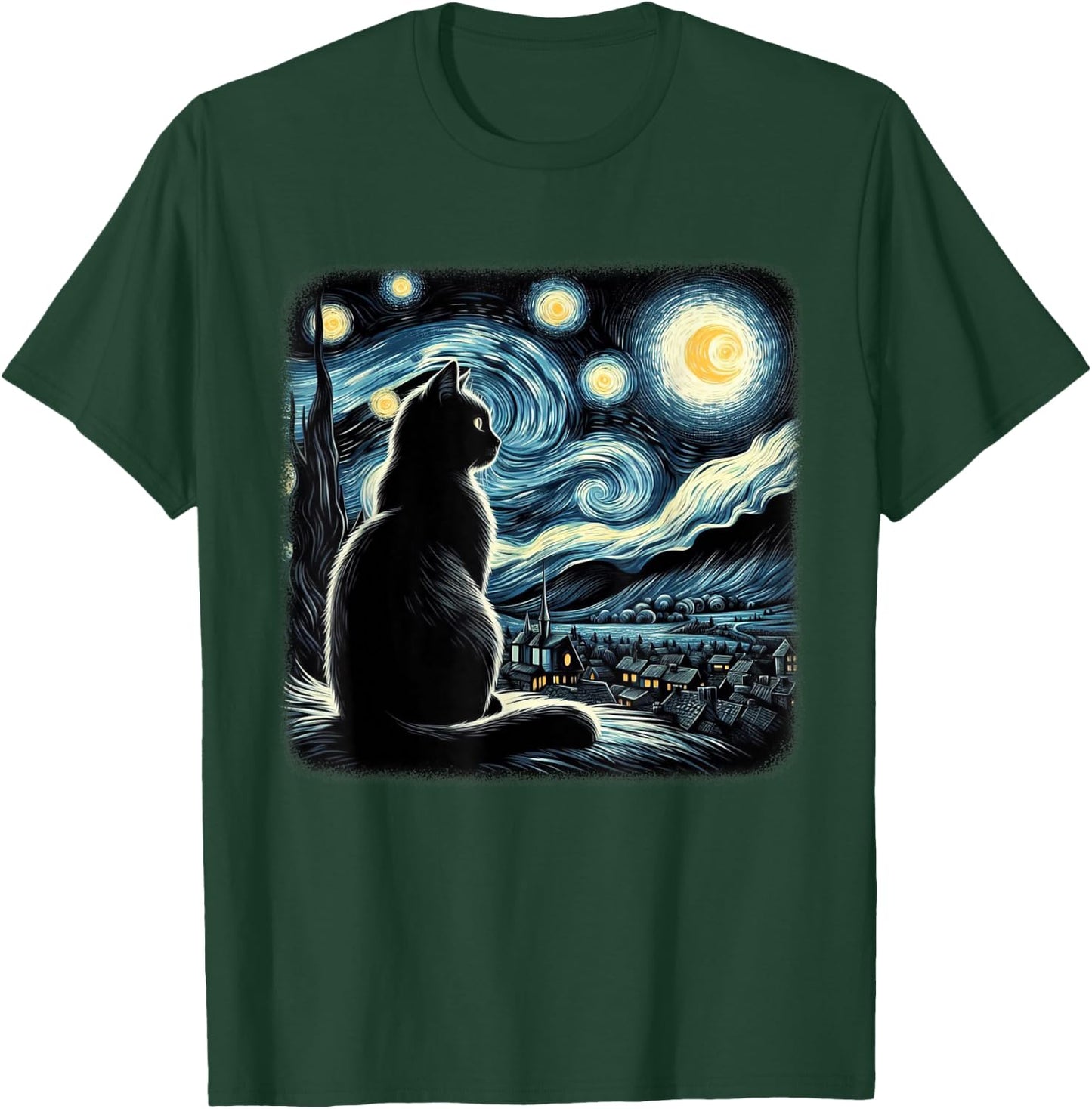 Van Gogh Starry Night Cat Art For Cat Lovers Cat Mom Cat Dad T-Shirt - T-Shirt | Forest