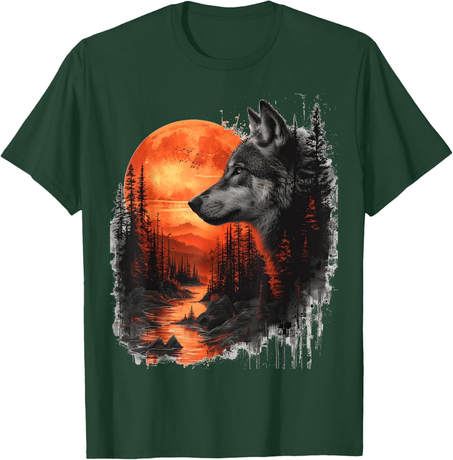 Wolf in front of moon and trees wolves wild animal T-Shirt - T-Shirt | Forest