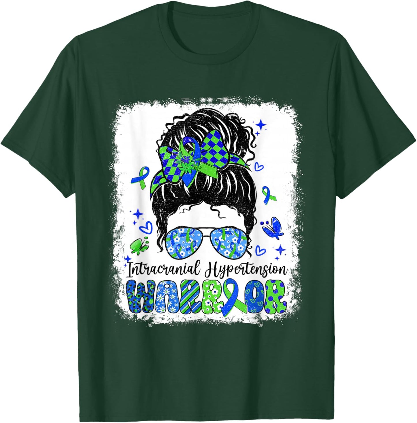 Warrior Messy Bun Green Blue Intracranial Hypertension T-Shirt - T-Shirt | Forest
