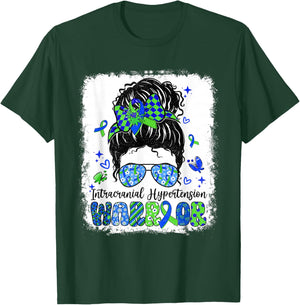 Warrior Messy Bun Green Blue Intracranial Hypertension T-Shirt - T-Shirt | Forest