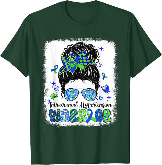 Warrior Messy Bun Green Blue Intracranial Hypertension T-Shirt - T-Shirt | Forest