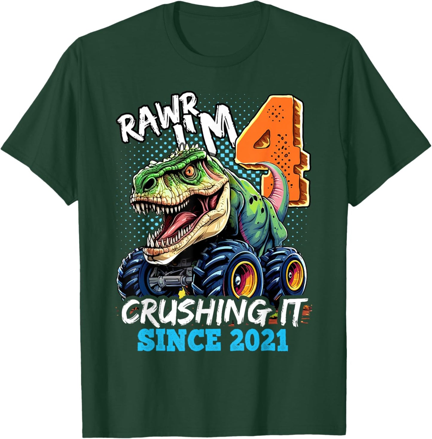 4th Birthday Monster Truck Dinosaur Party Boys Rawr I'm 4 T-Shirt - T-Shirt | Forest