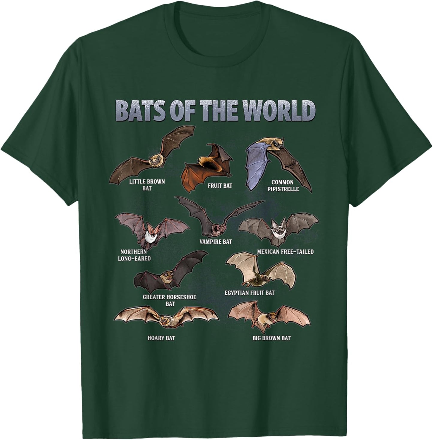 Bats of the World Educational Bat Species Chart T-Shirt - T-Shirt | Forest