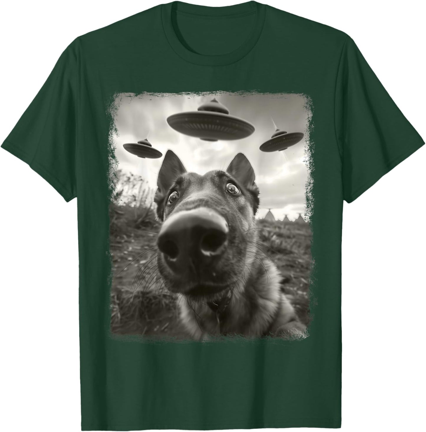 German Shepherd Dog UFO Alien Extraterrestrial Selfie T-Shirt - T-Shirt | Forest