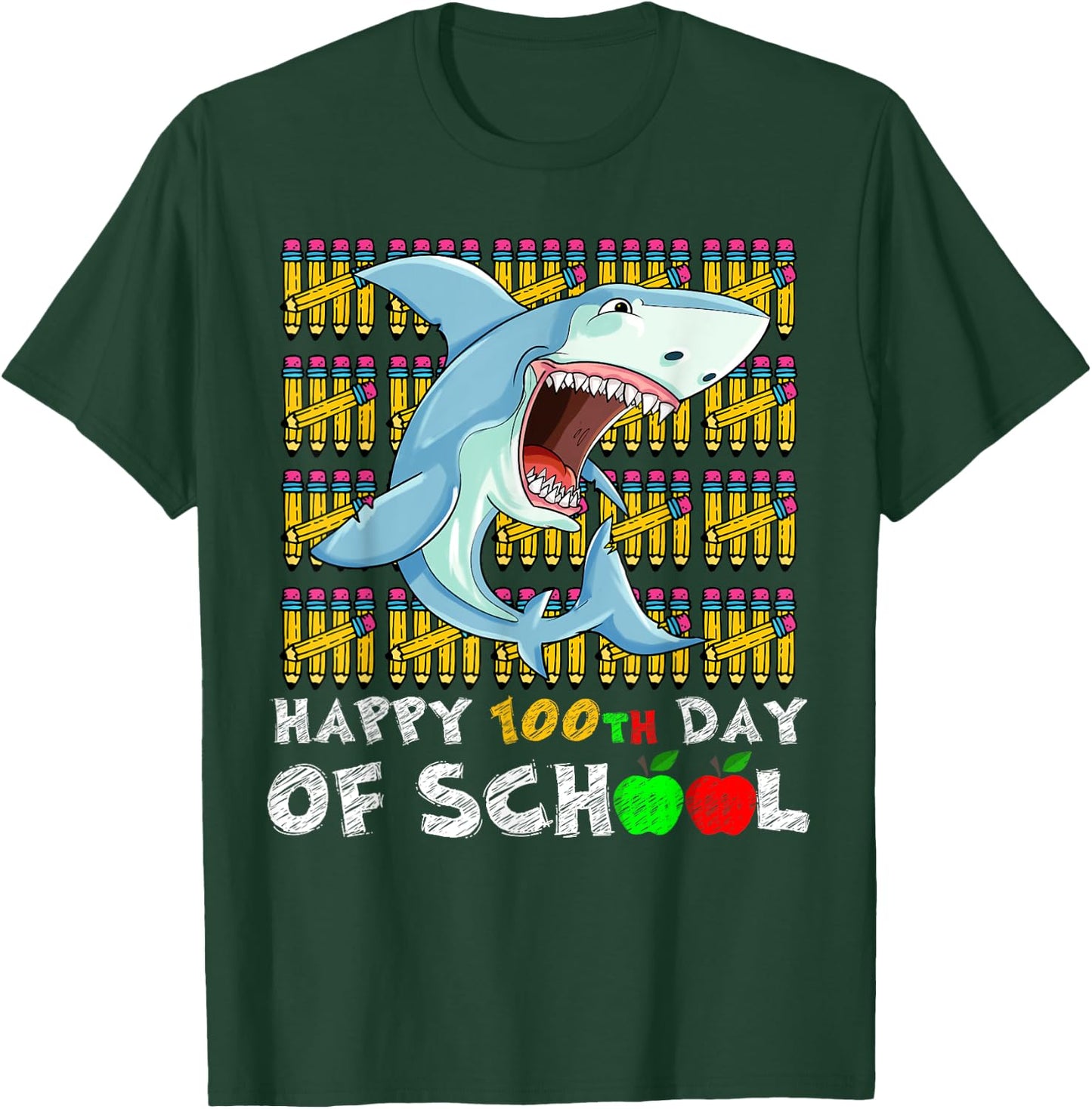 Happy 100th Day Of School Shark Funny Teacher Student Kids T-Shirt - T-Shirt | Forest