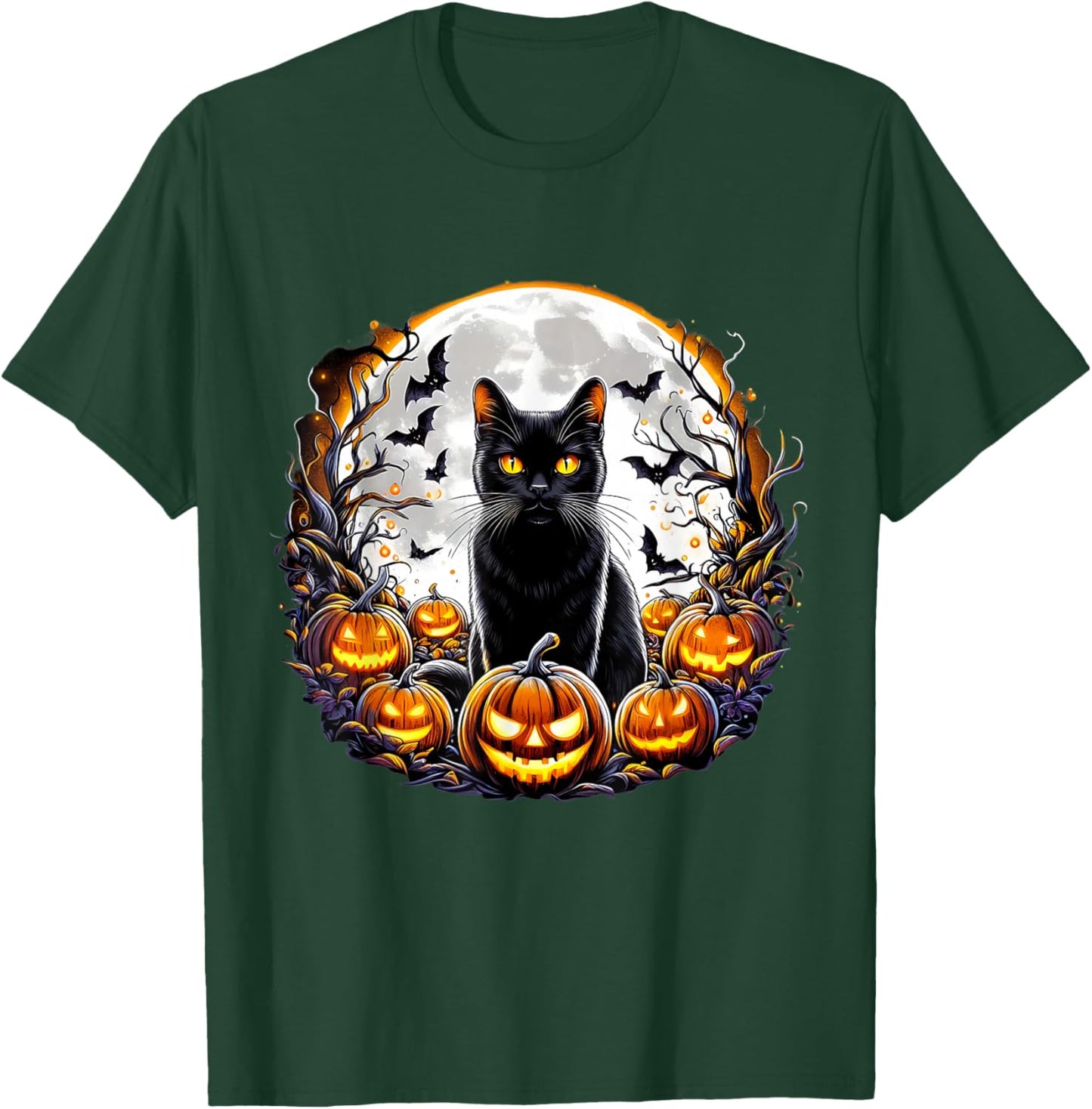 Black Cat Halloween Full Moon Bat Pumpkin Night Scary Women T-Shirt - T-Shirt | Forest