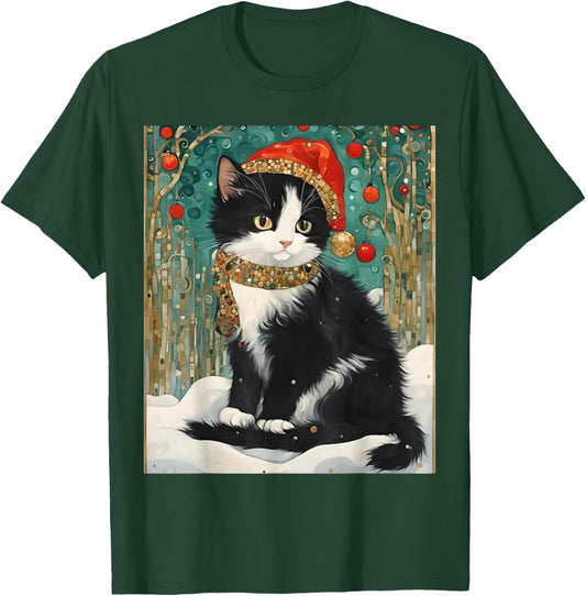 Cottagecore Tuxedo Cat Funny Xmas Aesthetic Santa Hat Cats Men Women Kids T-Shirt - T-Shirt | Forest