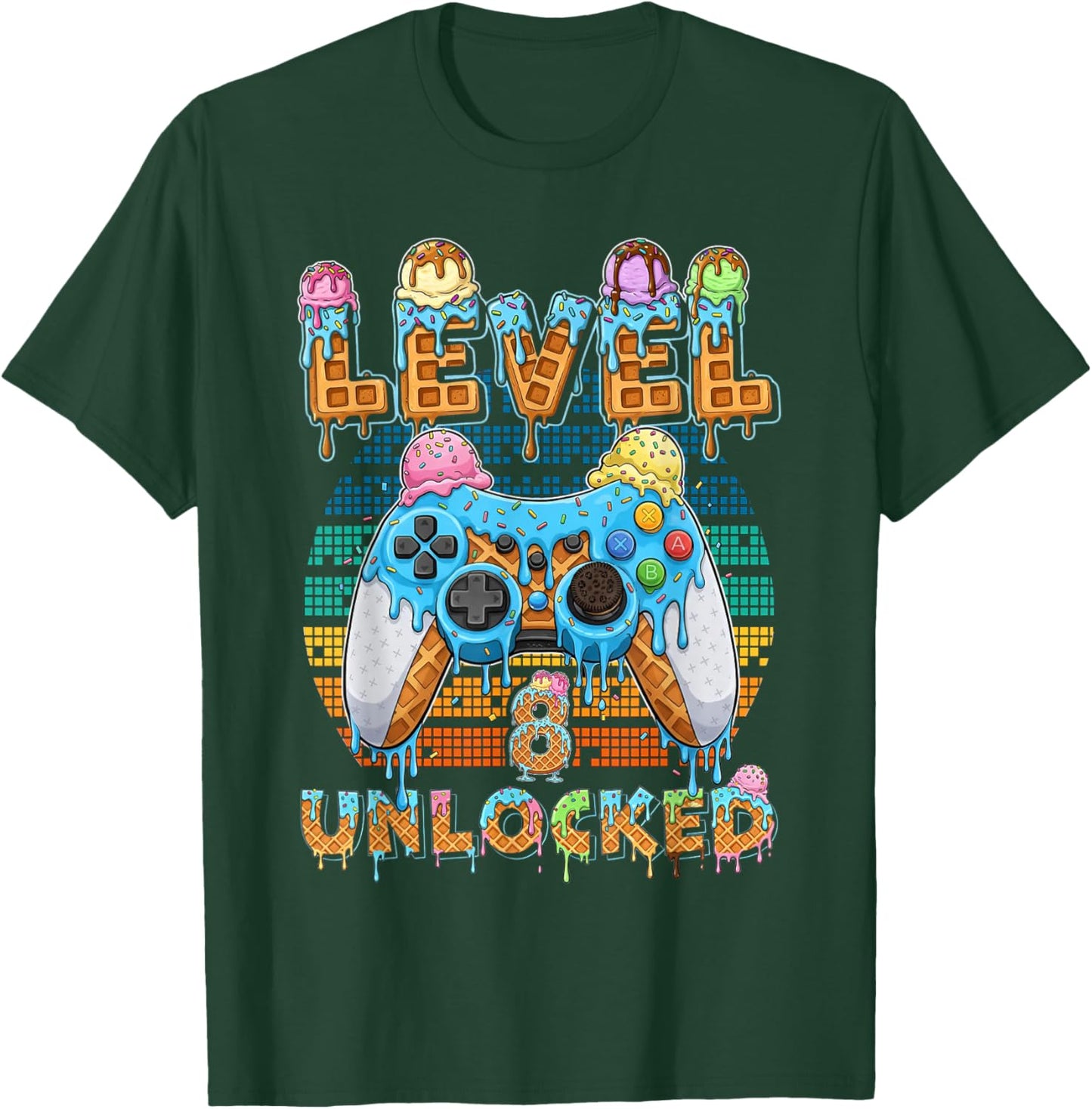 Level 8 Unlocked Gamer Birthday Ice Cream Retro Arcade T-Shirt - T-Shirt | Forest