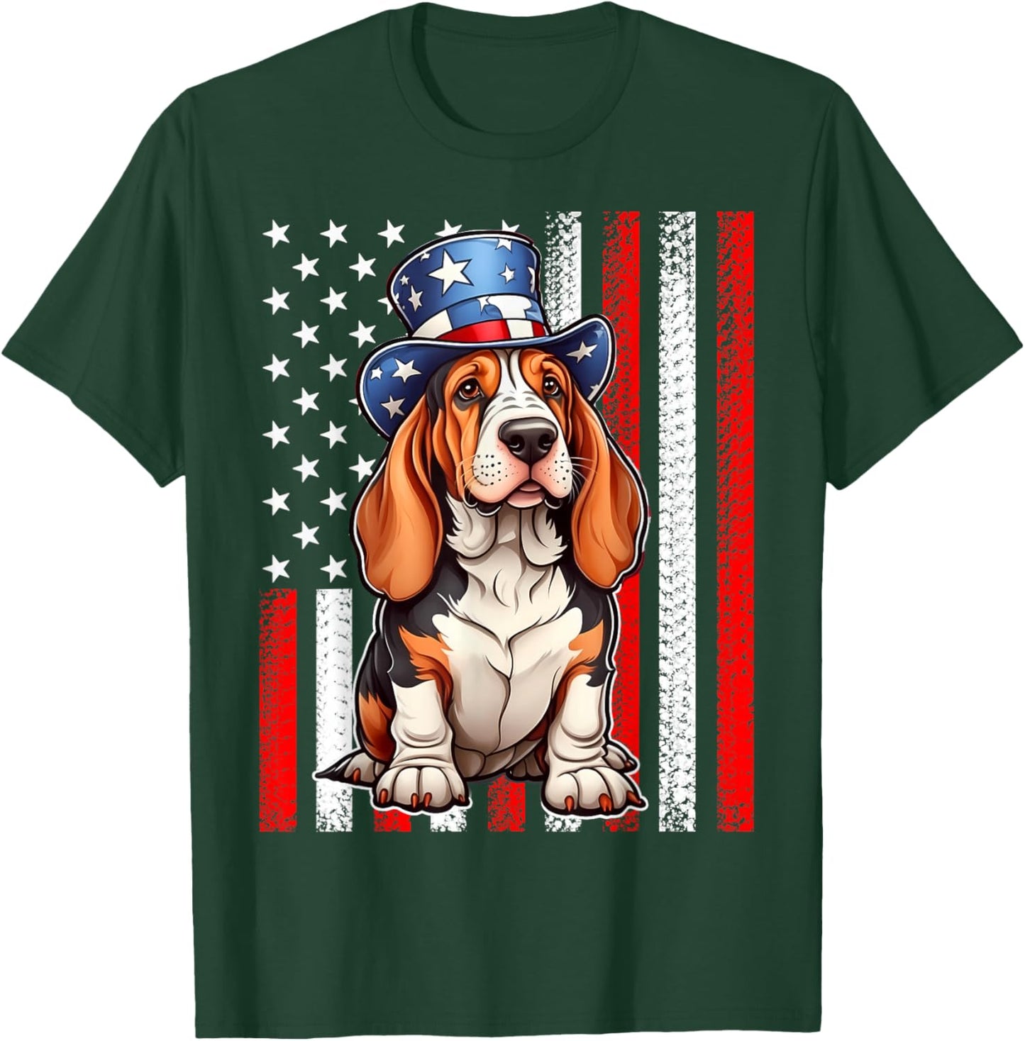 Pride Flag USA July 4 Patriotic Basset Hound Dog Lover T-Shirt - T-Shirt | Forest