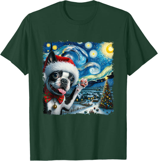 Boston Terrier Santa Starry Night Van Gogh Christmas Dog Men Women Kids T-Shirt - T-Shirt | Forest