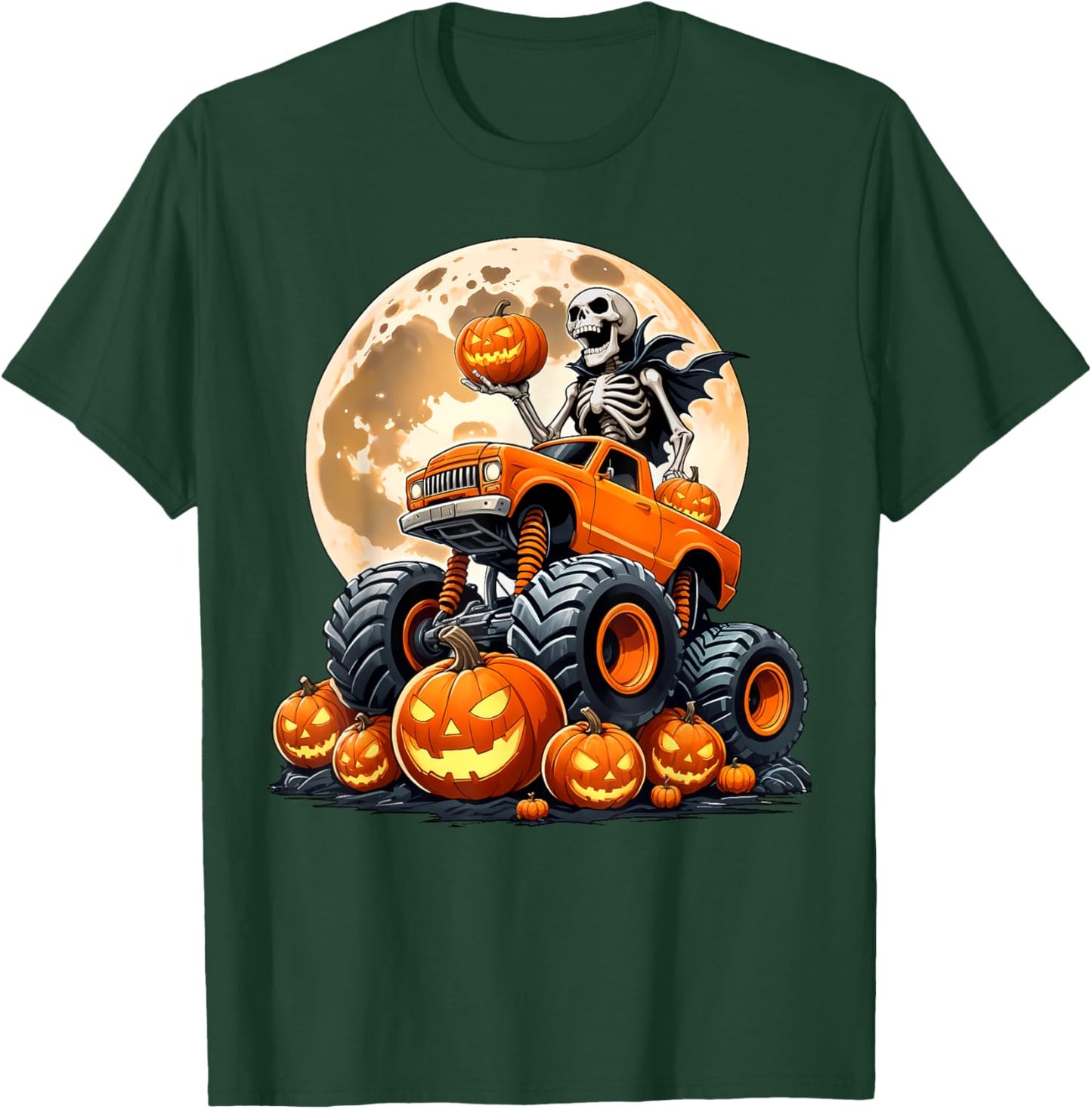 Skeleton Riding Monster Truck Halloween Pumpkin Kids Toddler T-Shirt - T-Shirt | Forest