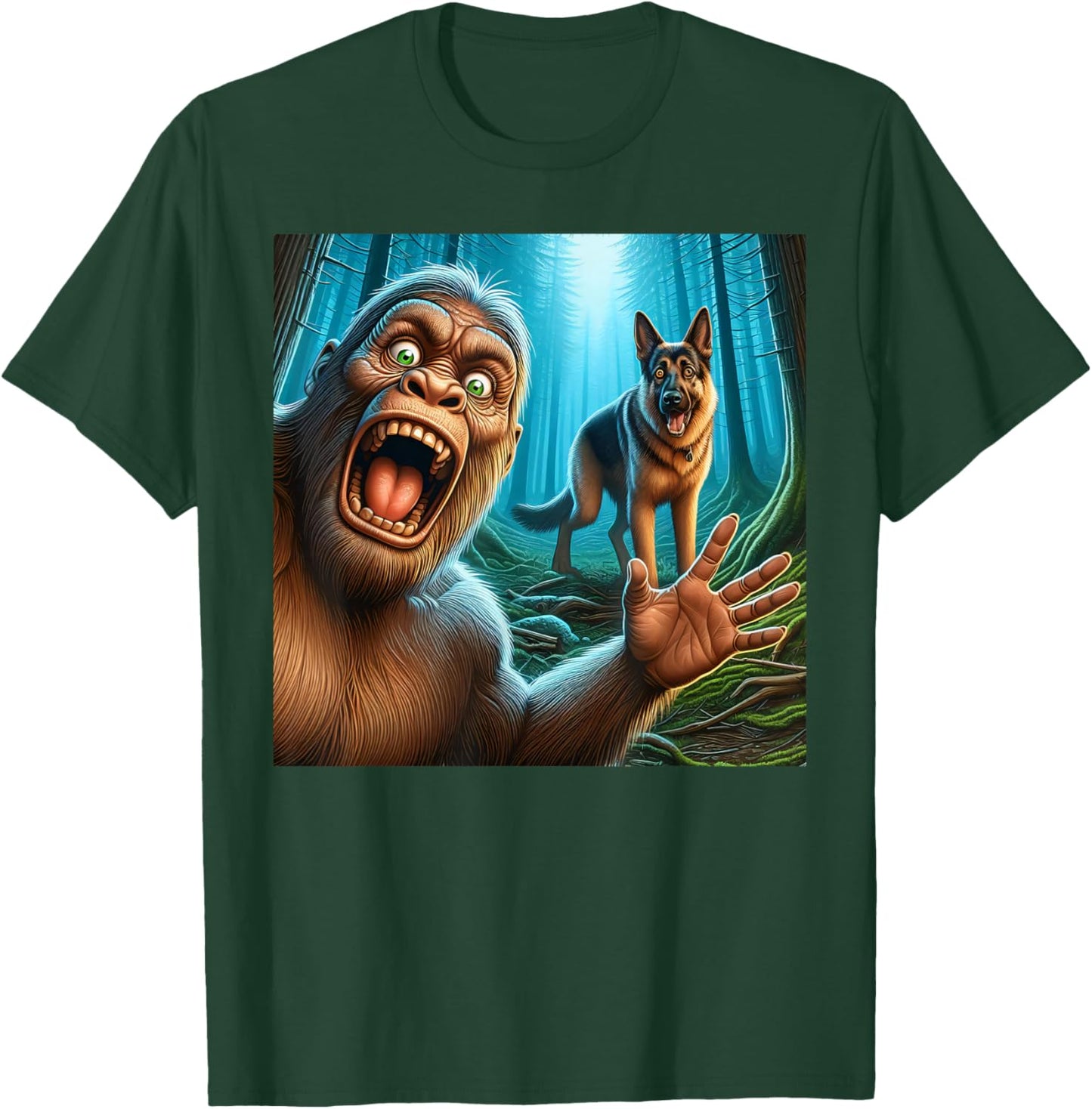 Bigfoot selfie with German shepherd surprised sasquatch T-Shirt - T-Shirt | Forest