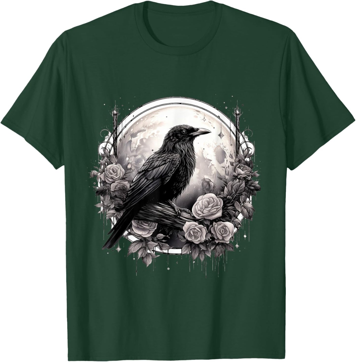 Raven Full Moon Gothic Witchy Crow Roses Mystical T-Shirt - T-Shirt | Forest