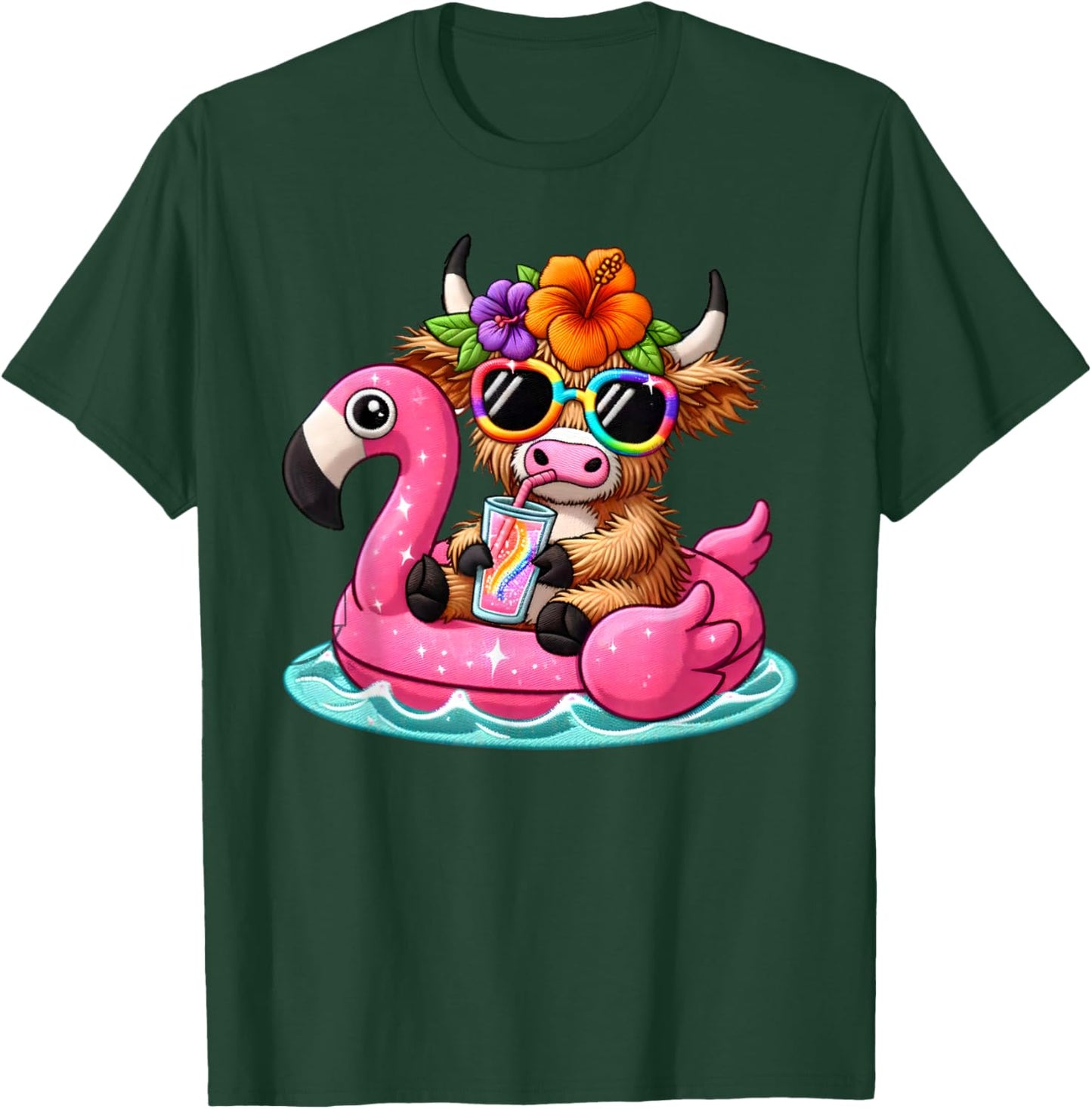 Highland Cow Flamingo Pool Float Summer Hawaii Beach Family T-Shirt - T-Shirt | Forest