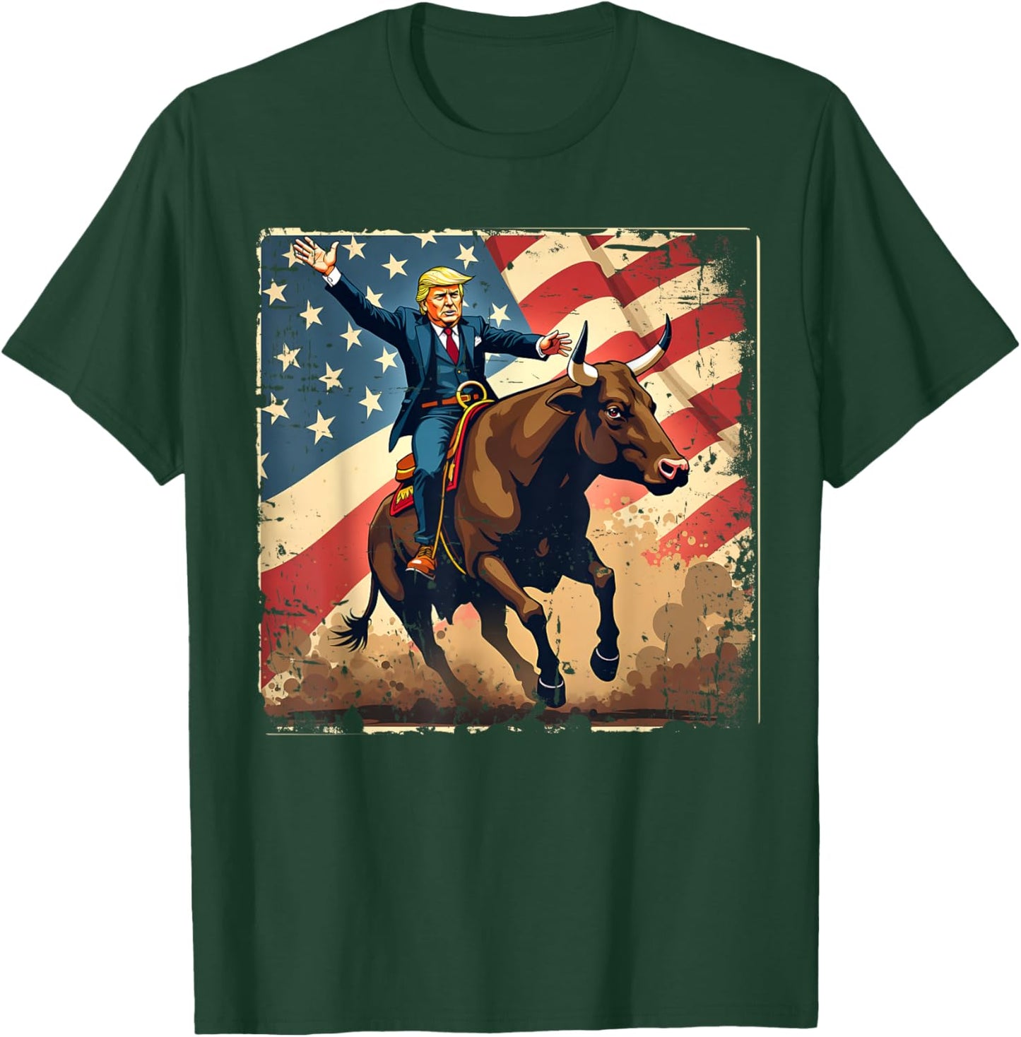 Trump Bull Rider American Flag USA Riding Rodeo Cowboy T-Shirt - T-Shirt | Forest